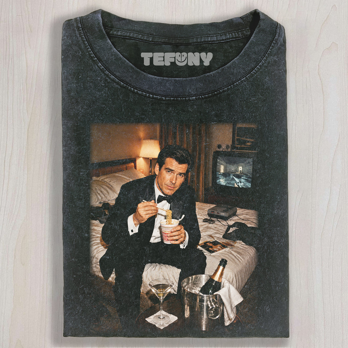 JAMES BOND EATING INSTANT NOODLES UNISEX TEE, TANK TOP, LAYERED LS, SWEATSHIRT & HOODIE