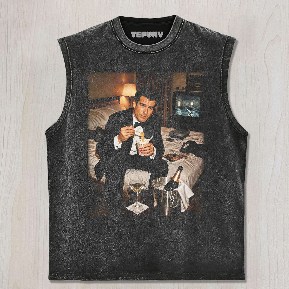 JAMES BOND EATING INSTANT NOODLES UNISEX TEE, TANK TOP, LAYERED LS, SWEATSHIRT & HOODIE