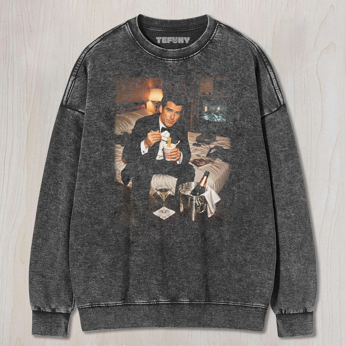 JAMES BOND EATING INSTANT NOODLES UNISEX TEE, TANK TOP, LAYERED LS, SWEATSHIRT & HOODIE