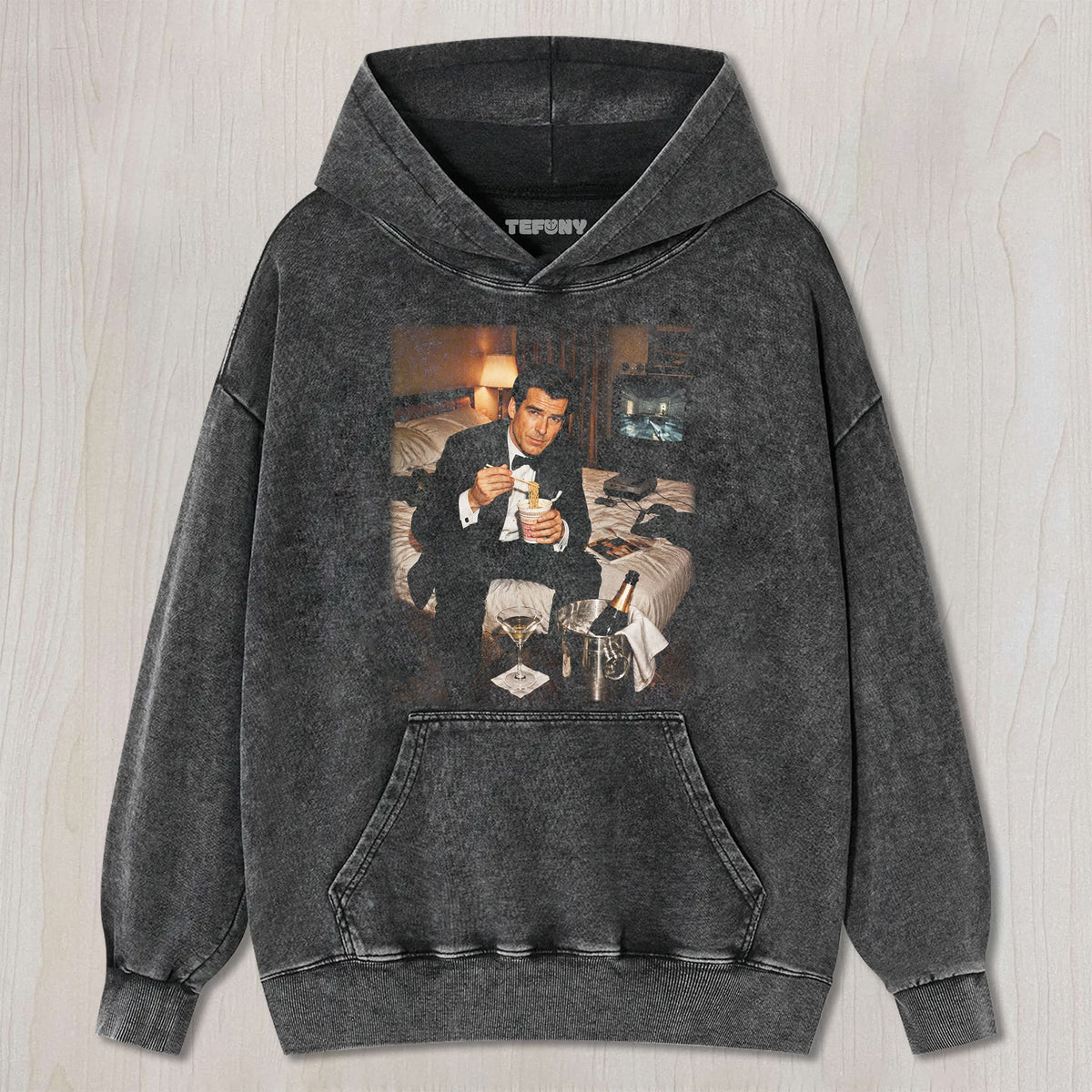 JAMES BOND EATING INSTANT NOODLES UNISEX TEE, TANK TOP, LAYERED LS, SWEATSHIRT & HOODIE