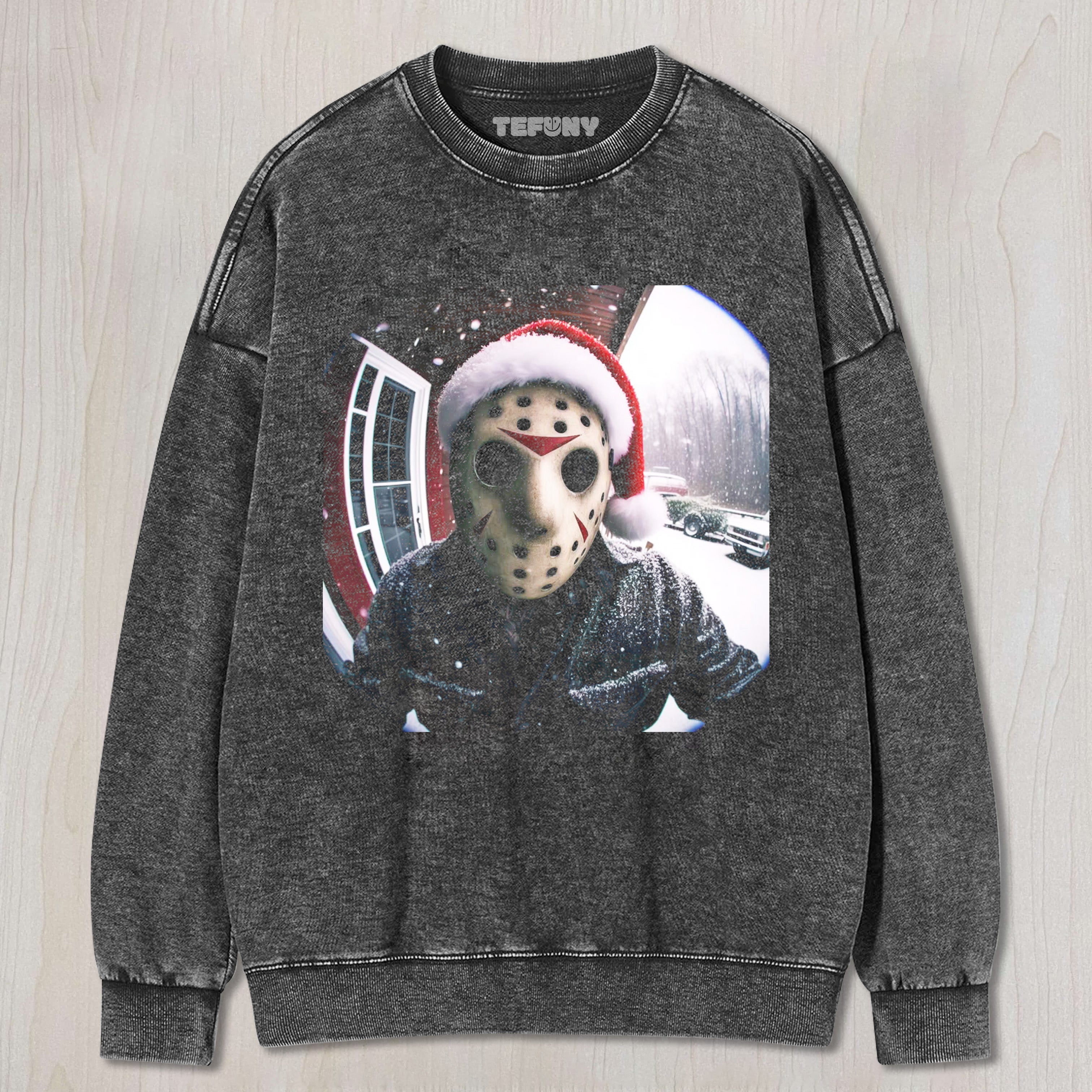 JASON VOORHEES, WEARING A SANTA HAT, IS KNOCKING ON THE DOOR T-SHIRT & LONG SLEEVES & HOODIES