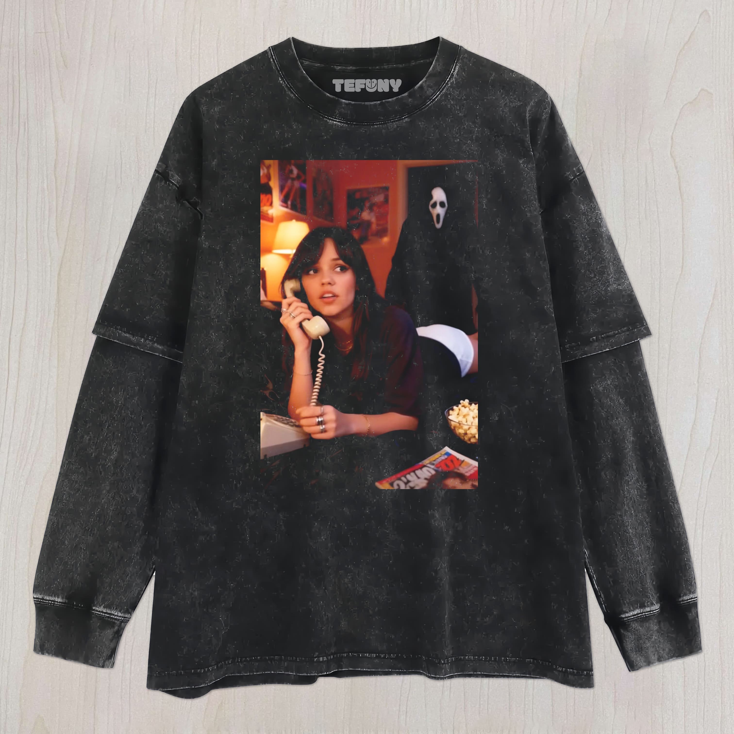 JENNA ORTEGA AND GHOST FACE UNISEX TEE, TANK TOP, LAYERED LS, SWEATSHIRT & HOODIE