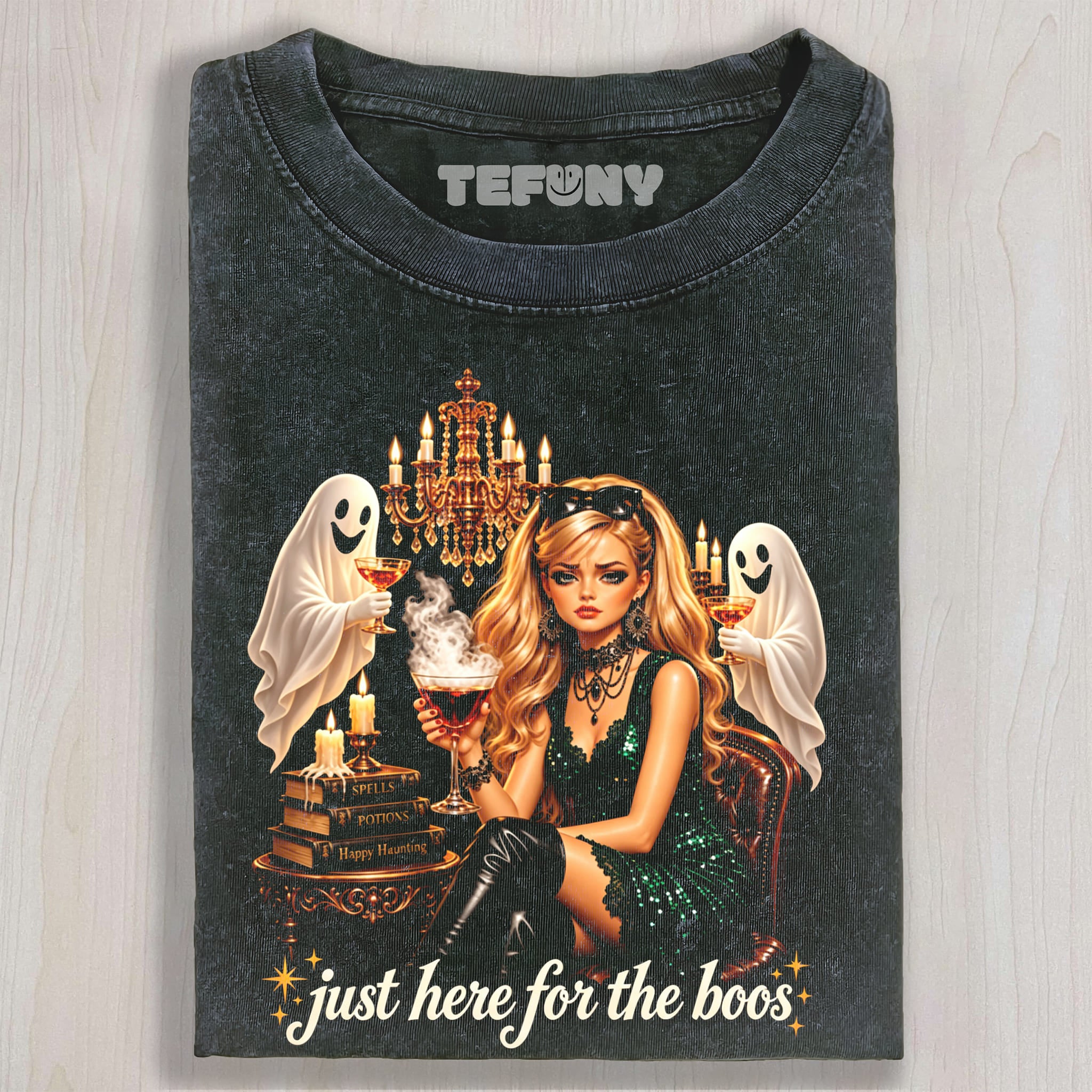 JUST HERE FOR THE BOOS GLAM UNISEX TEE, TANK TOP, LAYERED LS, SWEATSHIRT & HOODIE