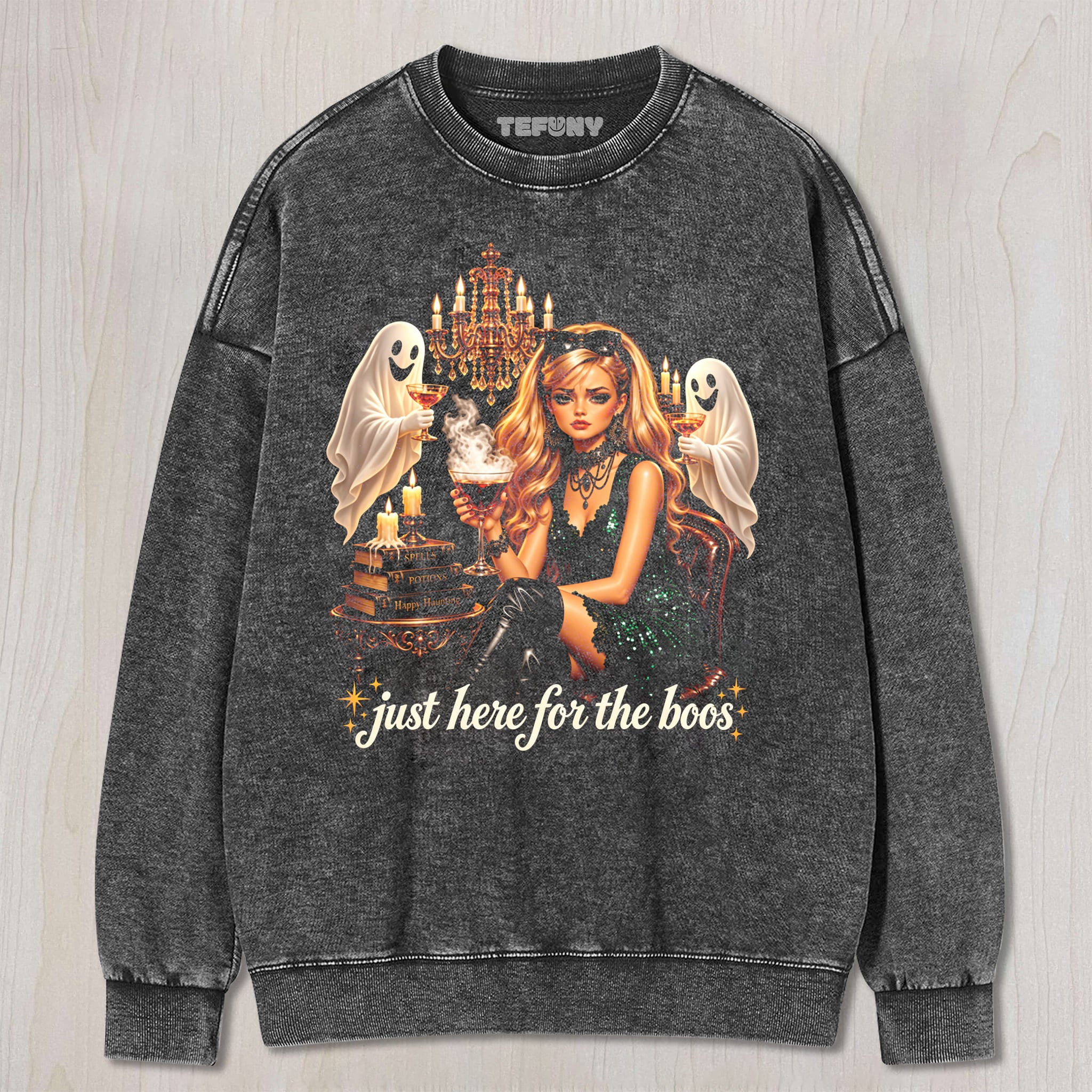 JUST HERE FOR THE BOOS GLAM UNISEX TEE, TANK TOP, LAYERED LS, SWEATSHIRT & HOODIE