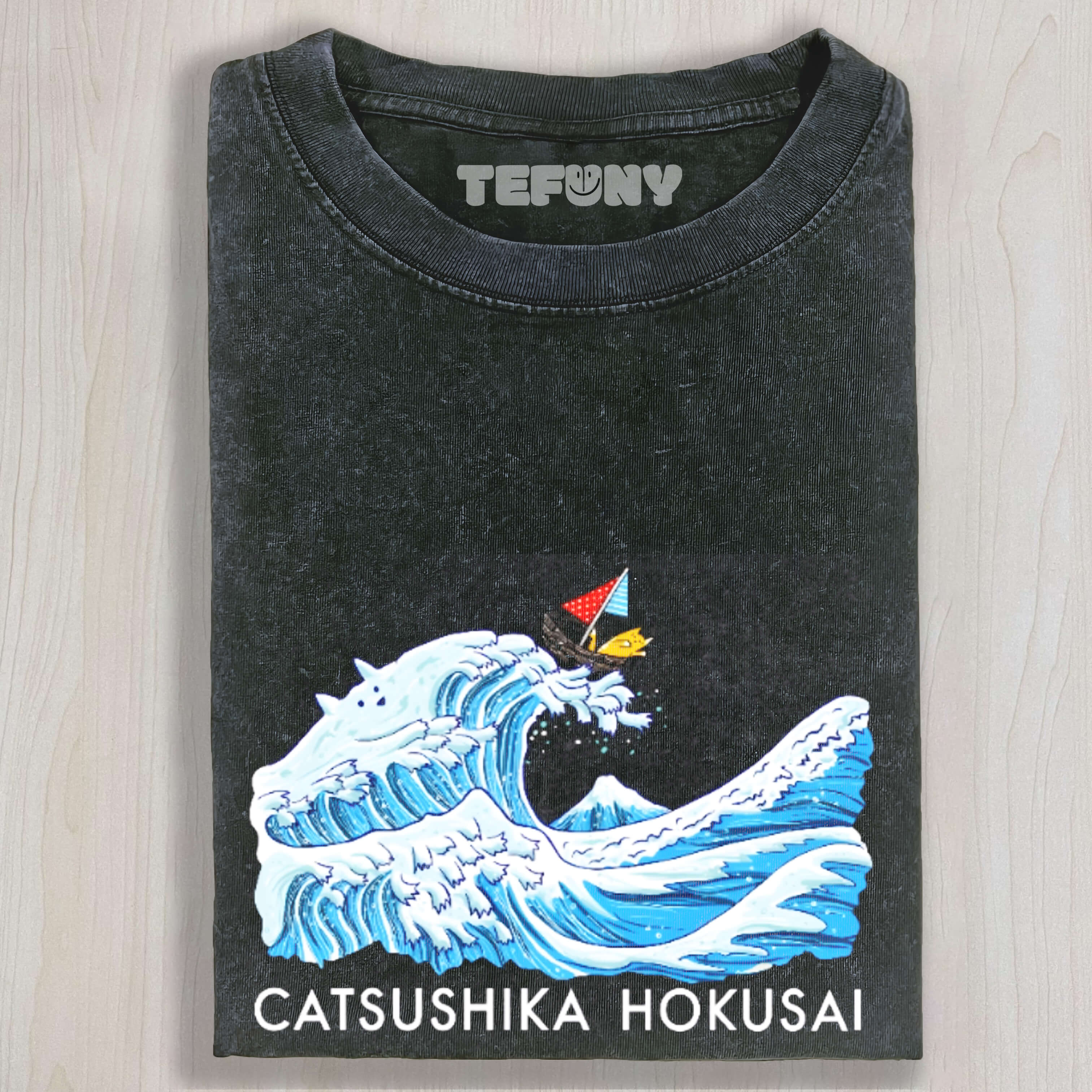 KATSUSHIKA HOKUSAI CAT WAVE VINTAGE WASHED COTTON BACK ART TEE & SWEAT & HOOD
