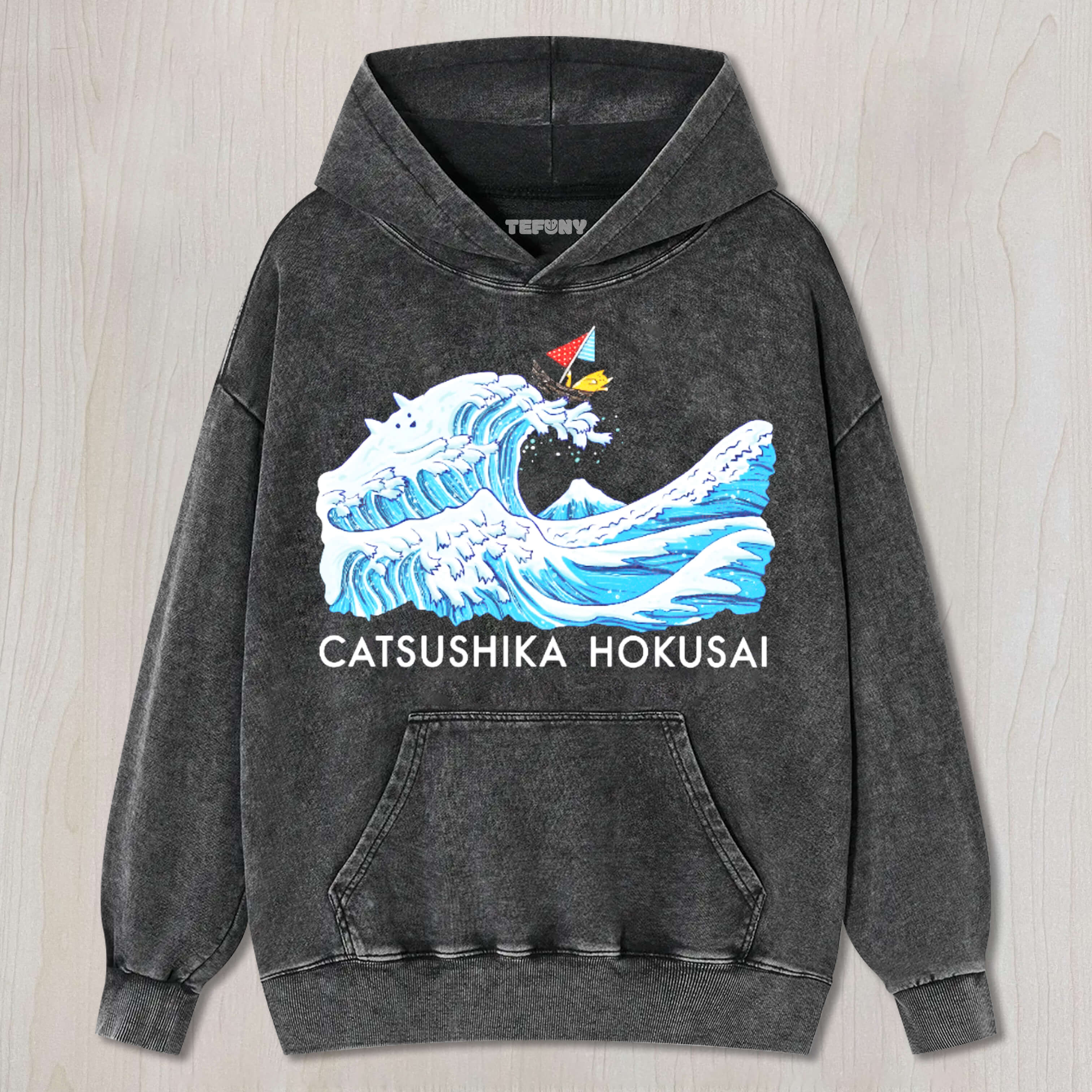 KATSUSHIKA HOKUSAI CAT WAVE VINTAGE WASHED COTTON BACK ART TEE & SWEAT & HOOD