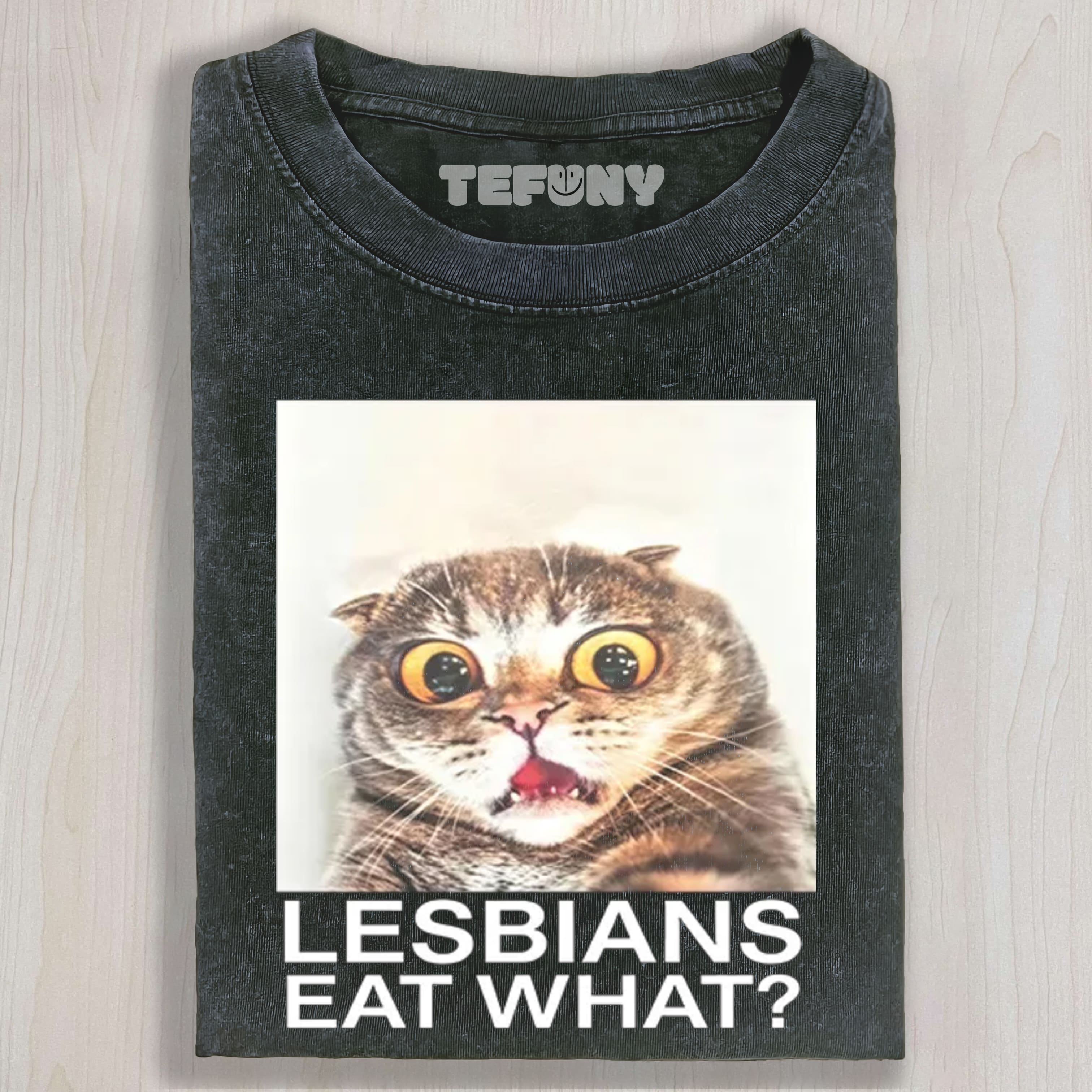 LESBIANS EAT WHAT SHOCKED CAT MEME UNISEX TEE, TANK TOP, LAYERED LS, SWEATSHIRT & HOODIE
