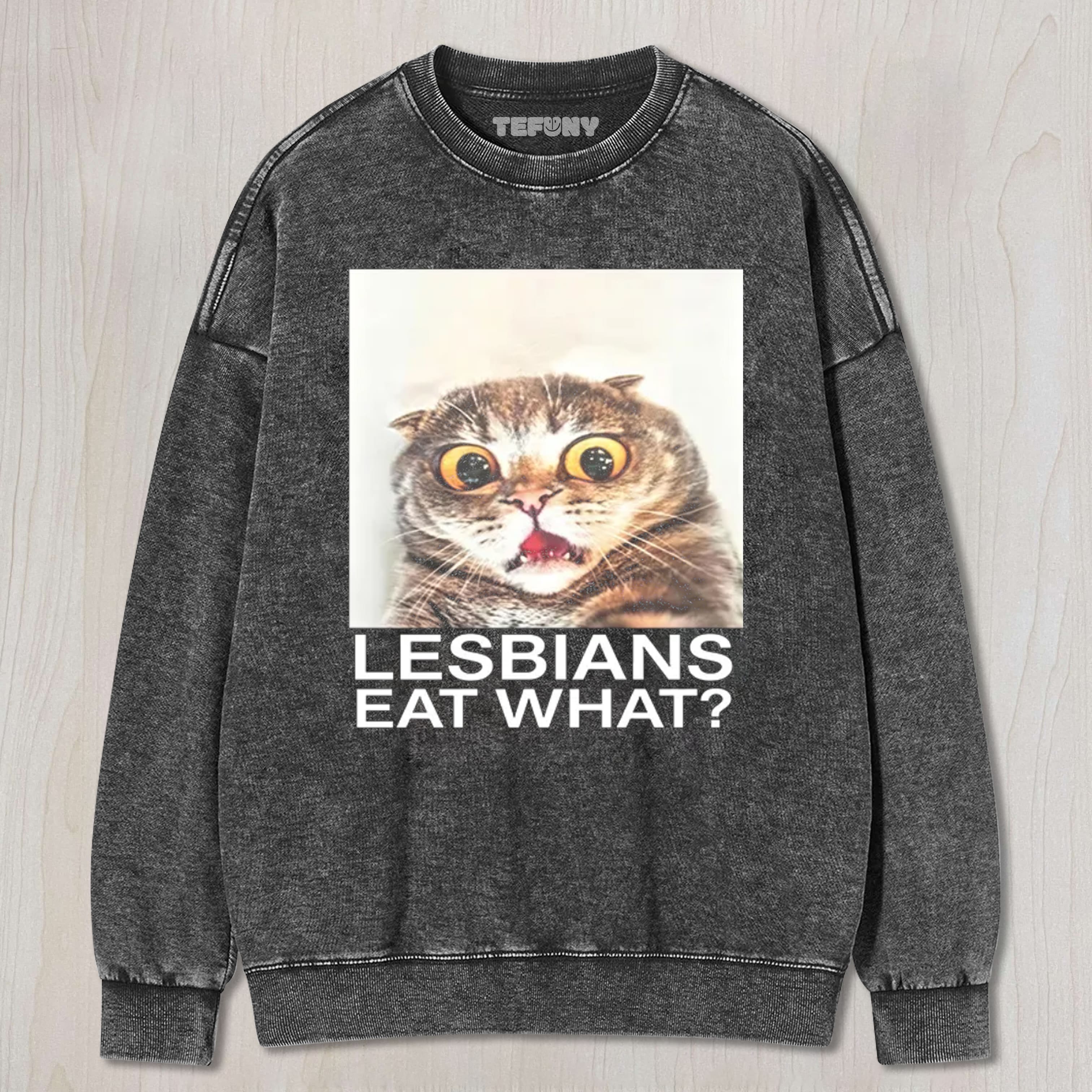 LESBIANS EAT WHAT SHOCKED CAT MEME UNISEX TEE, TANK TOP, LAYERED LS, SWEATSHIRT & HOODIE