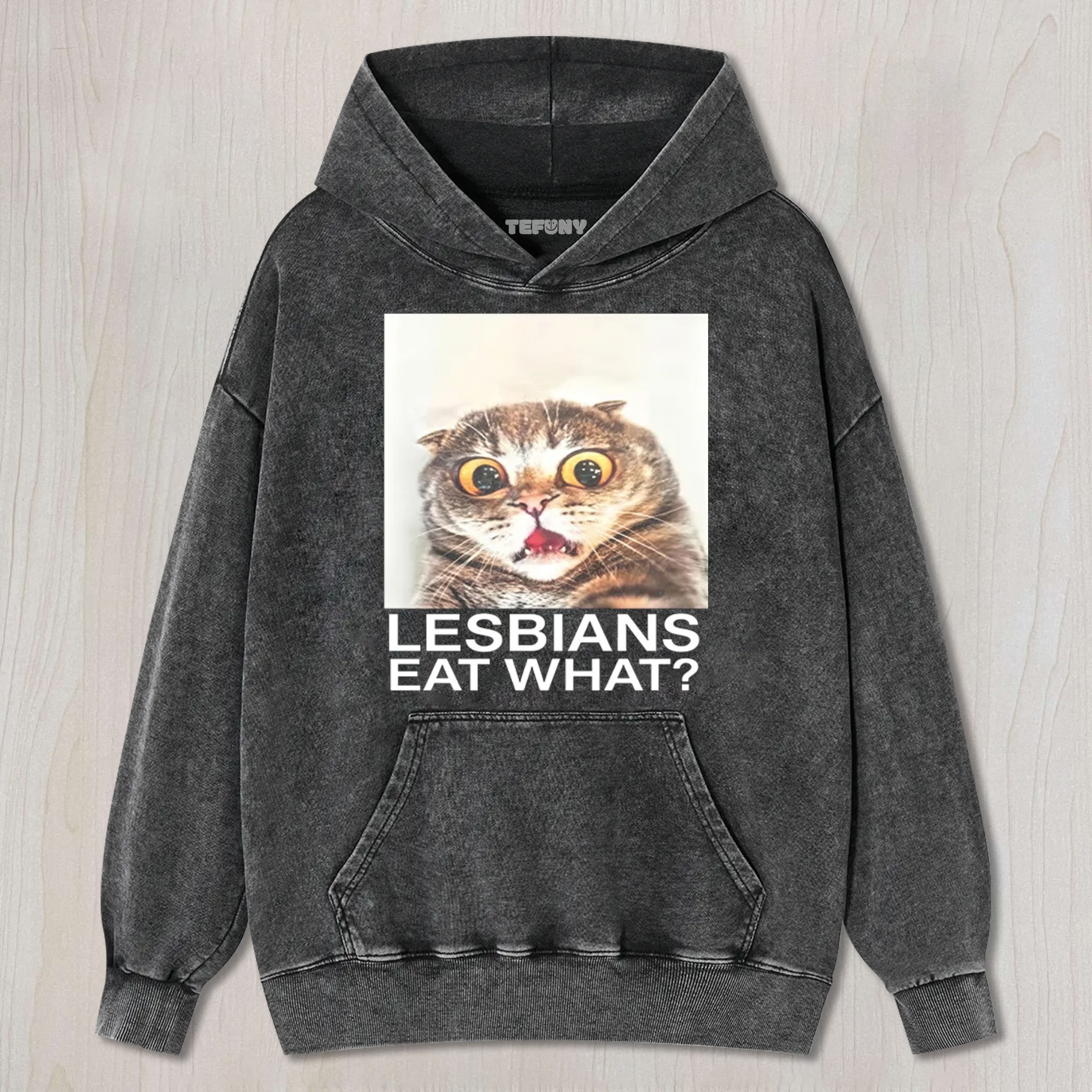 LESBIANS EAT WHAT SHOCKED CAT MEME UNISEX TEE, TANK TOP, LAYERED LS, SWEATSHIRT & HOODIE