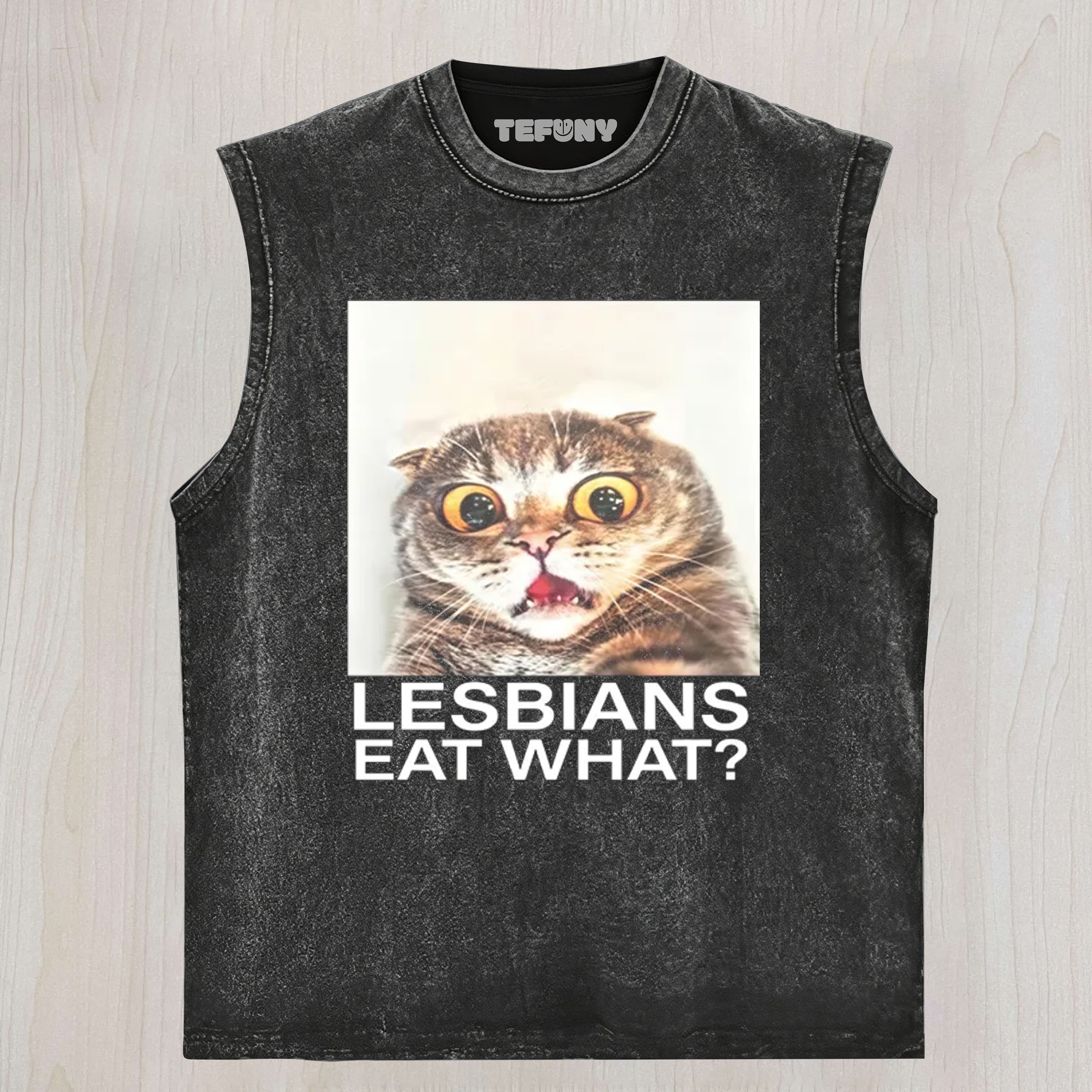 LESBIANS EAT WHAT SHOCKED CAT MEME UNISEX TEE, TANK TOP, LAYERED LS, SWEATSHIRT & HOODIE
