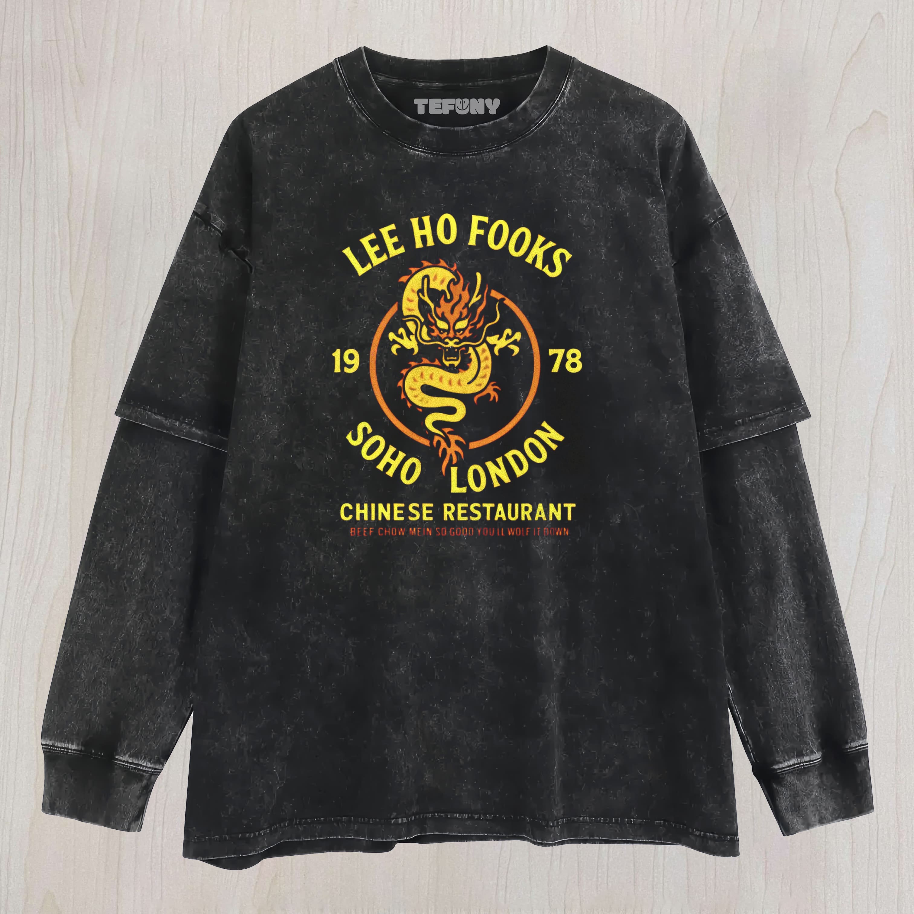 LEE HO FOOKS CHINESE RESTAURANT PARODY WASHED LAYERED LONG SLEEVE