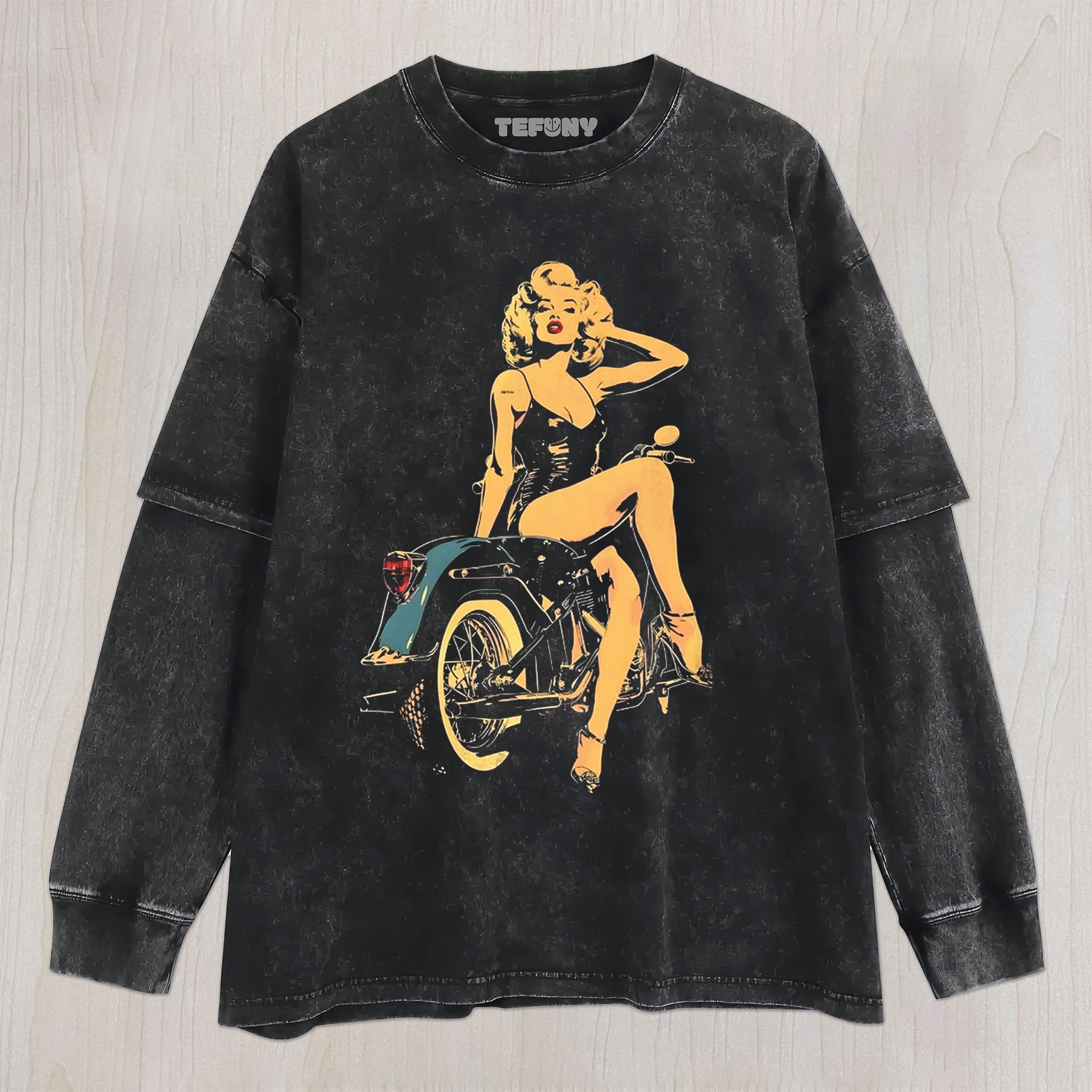MARILYN MONROE ON MOTORCYCLE UNISEX TEE, TANK TOP, LAYERED LS, SWEATSHIRT & HOODIE