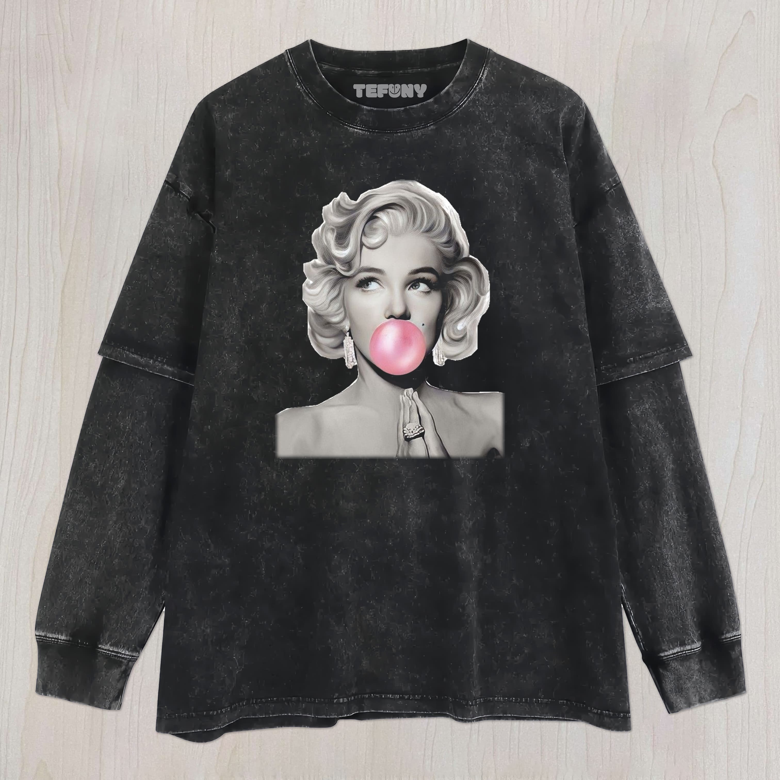 MARILYN MONROE BLOWING A BUBBLE UNISEX TEE, TANK TOP, LAYERED LS, SWEATSHIRT & HOODIE