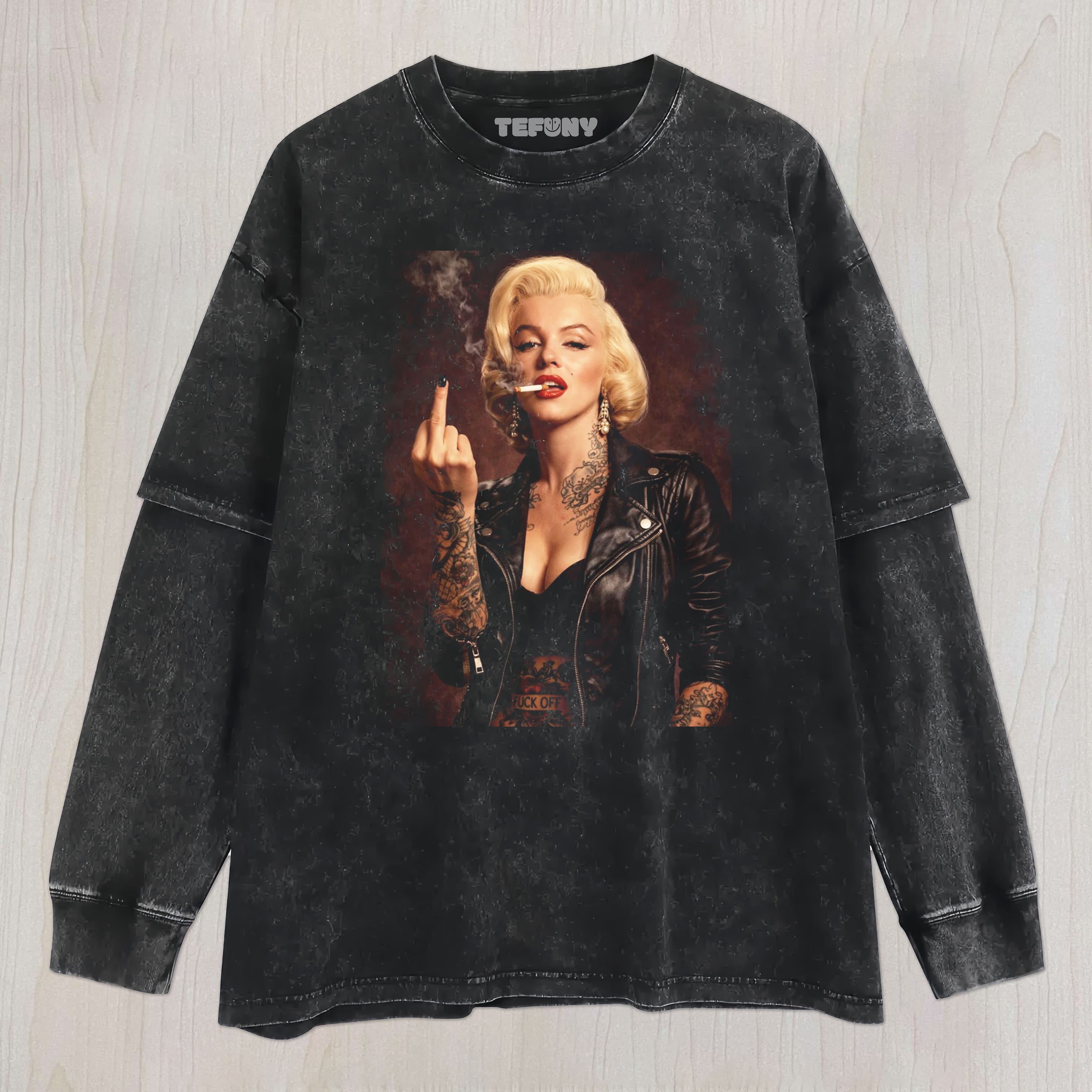 MARILYN MONROE GIVES THE MIDDLE FINGER UNISEX TEE, TANK TOP, LAYERED LS, SWEATSHIRT & HOODIE