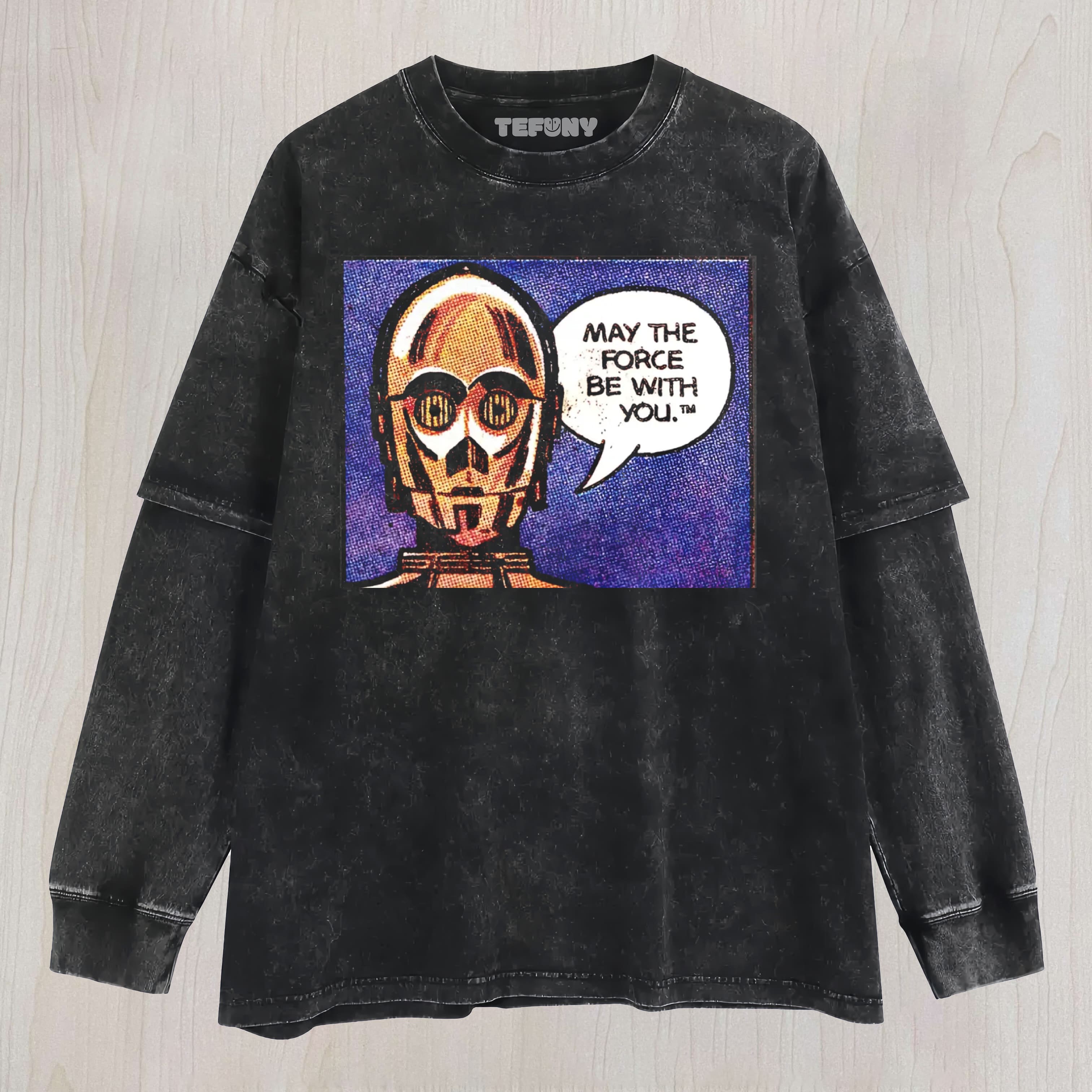 MAY THE FORCE BE WITH YOU C-3PO SKULL VINTAGE WASHED  LAYERED LONG SLEEVE