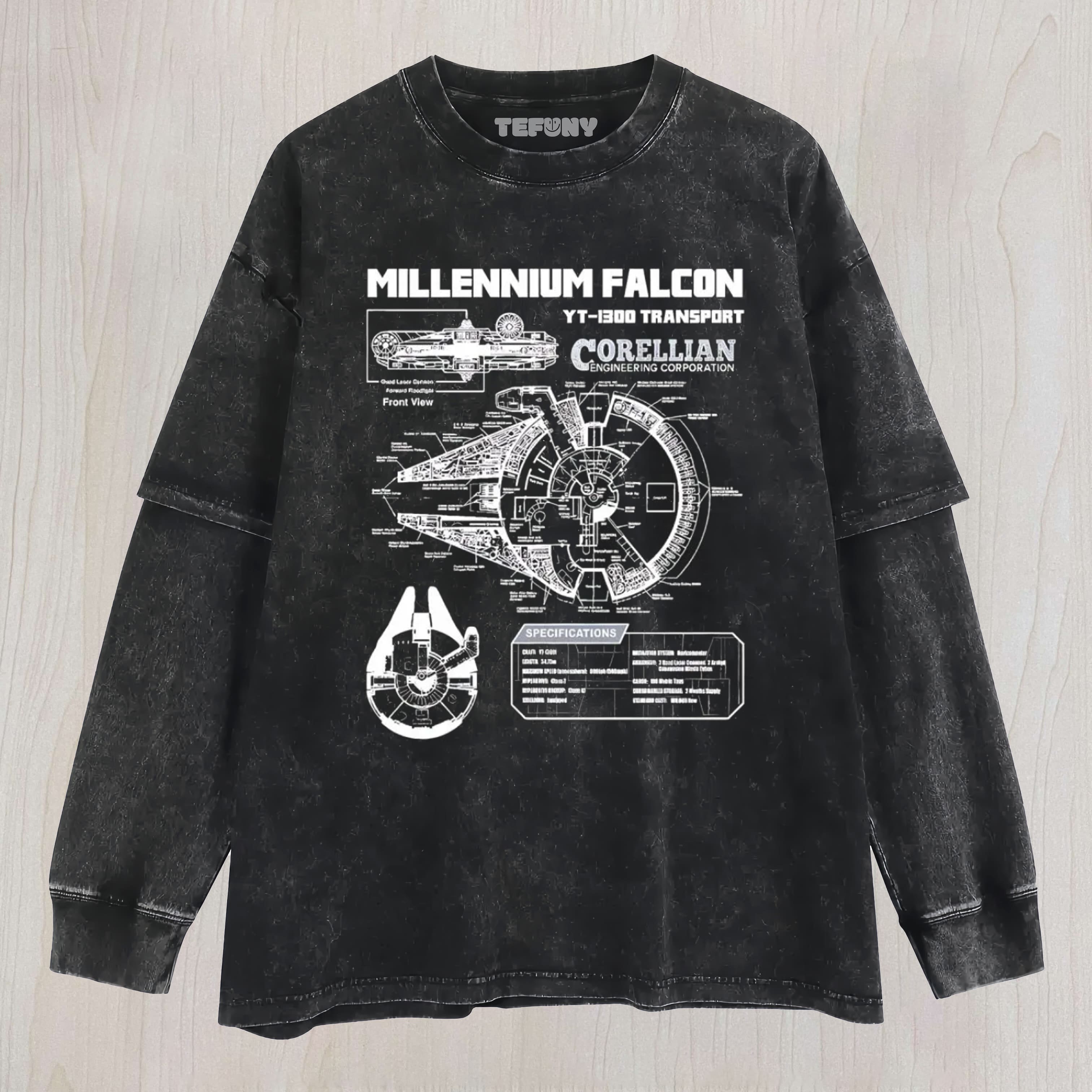MENS STAR BATTLES GOLD MILLENNIUM FALCON SCHEMATICS GEEK  LAYERED LONG SLEEVE
