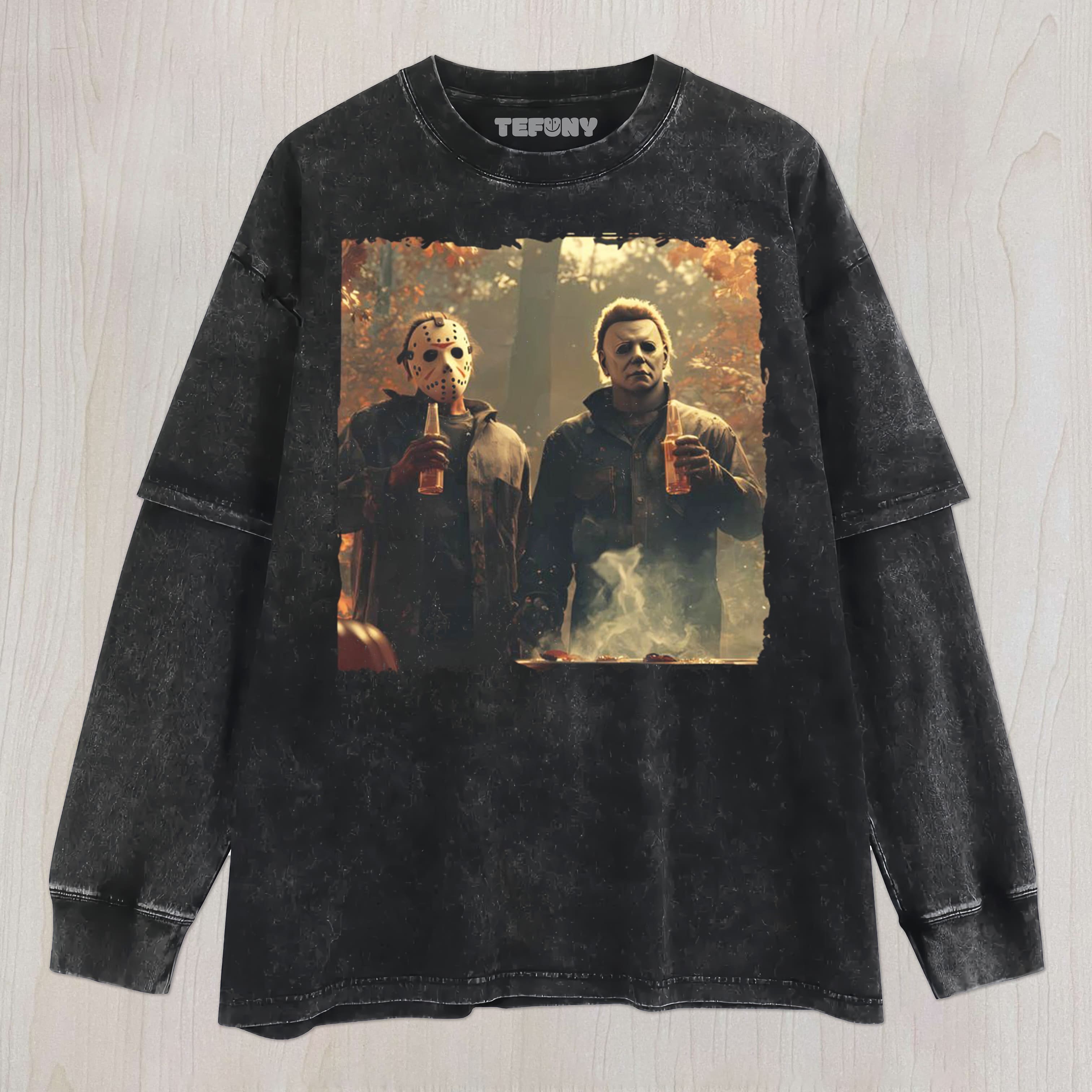 MICHAEL MYERS AND JASON V5 UNISEX TEE, TANK TOP, LAYERED LS, SWEATSHIRT & HOODIE