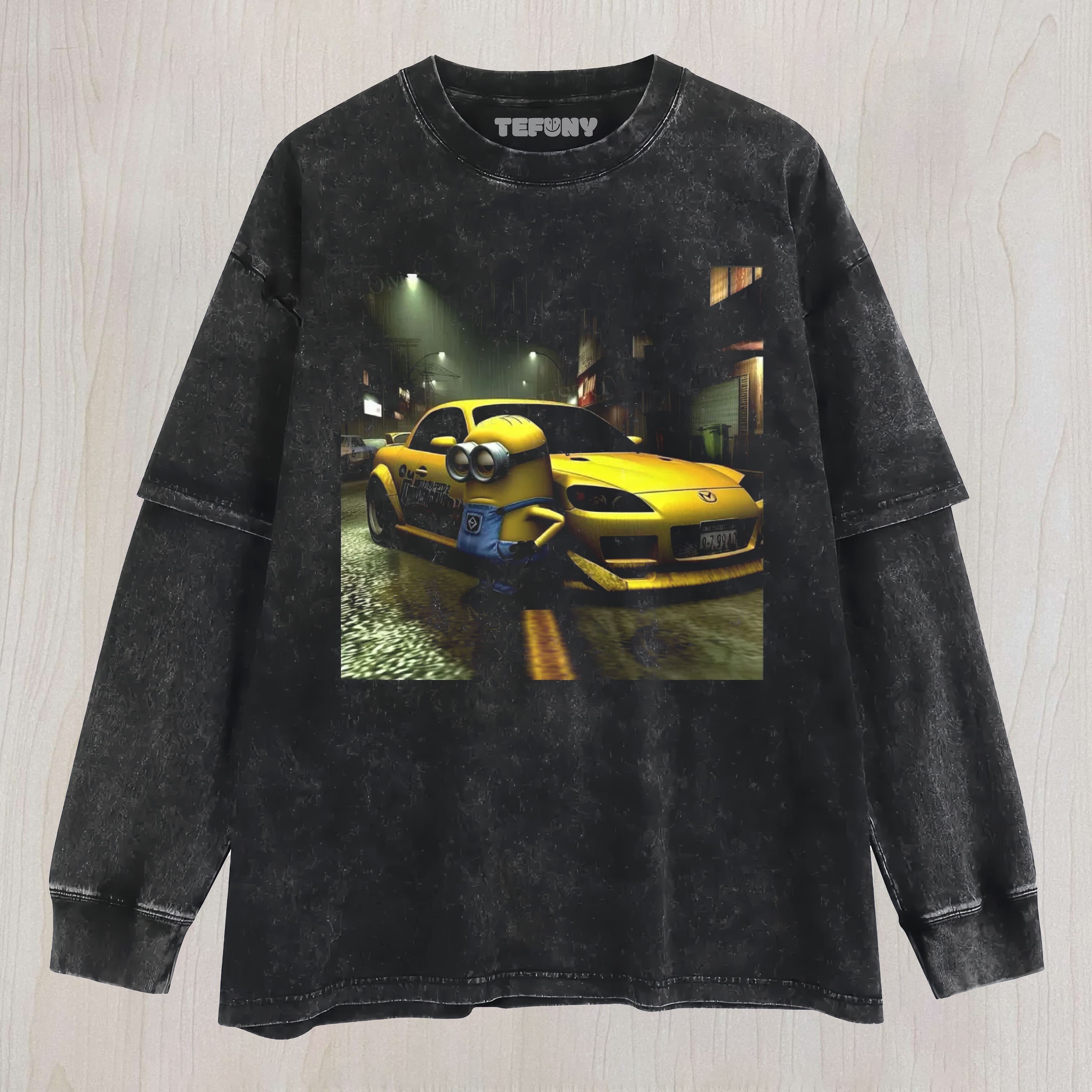MINION RACING CAR VINTAGE UNISEX TEE, TANK TOP, LAYERED LS, SWEATSHIRT & HOODIE