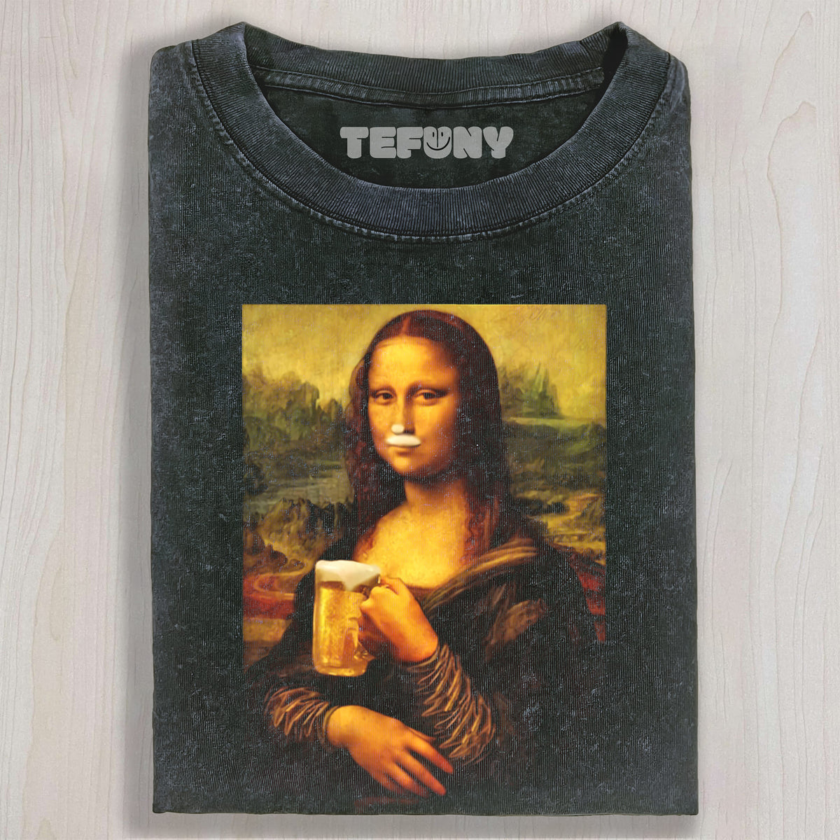 MONA LISA HOLDING A DRINK UNISEX TEE, TANK TOP, LAYERED LS, SWEATSHIRT & HOODIE