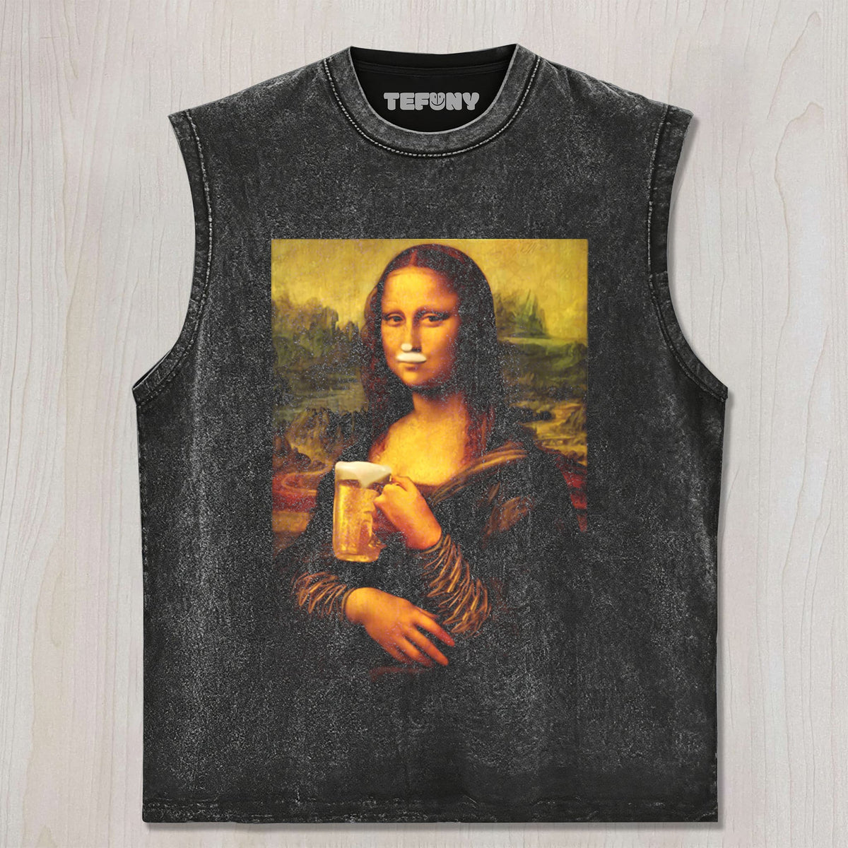 MONA LISA HOLDING A DRINK UNISEX TEE, TANK TOP, LAYERED LS, SWEATSHIRT & HOODIE