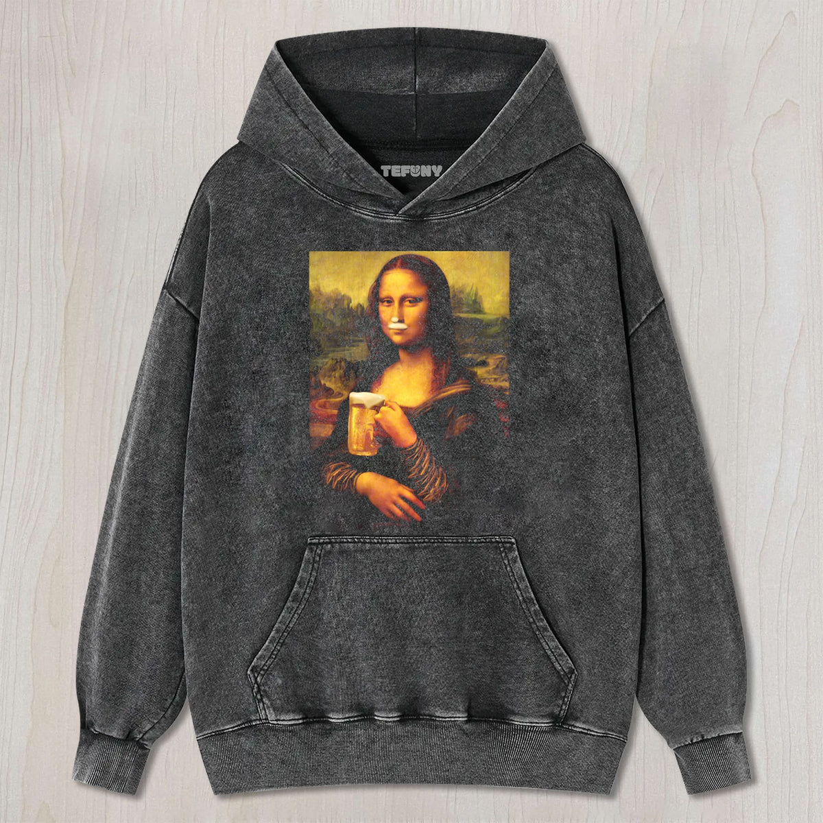 MONA LISA HOLDING A DRINK UNISEX TEE, TANK TOP, LAYERED LS, SWEATSHIRT & HOODIE