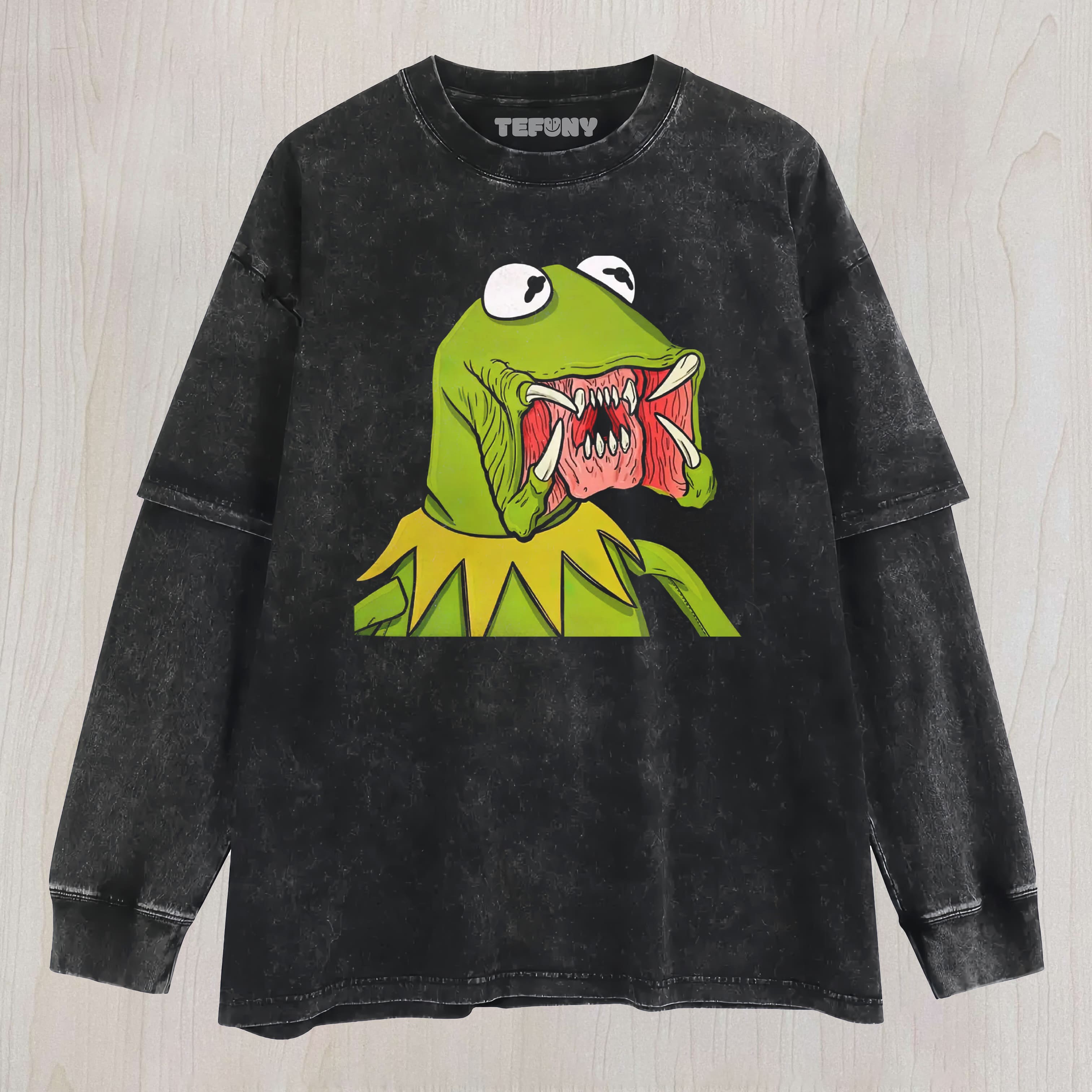 MONSTER KERMIT MUPPET HORROR PARODY VINTAGE WASHED LAYERED LONG SLEEVE