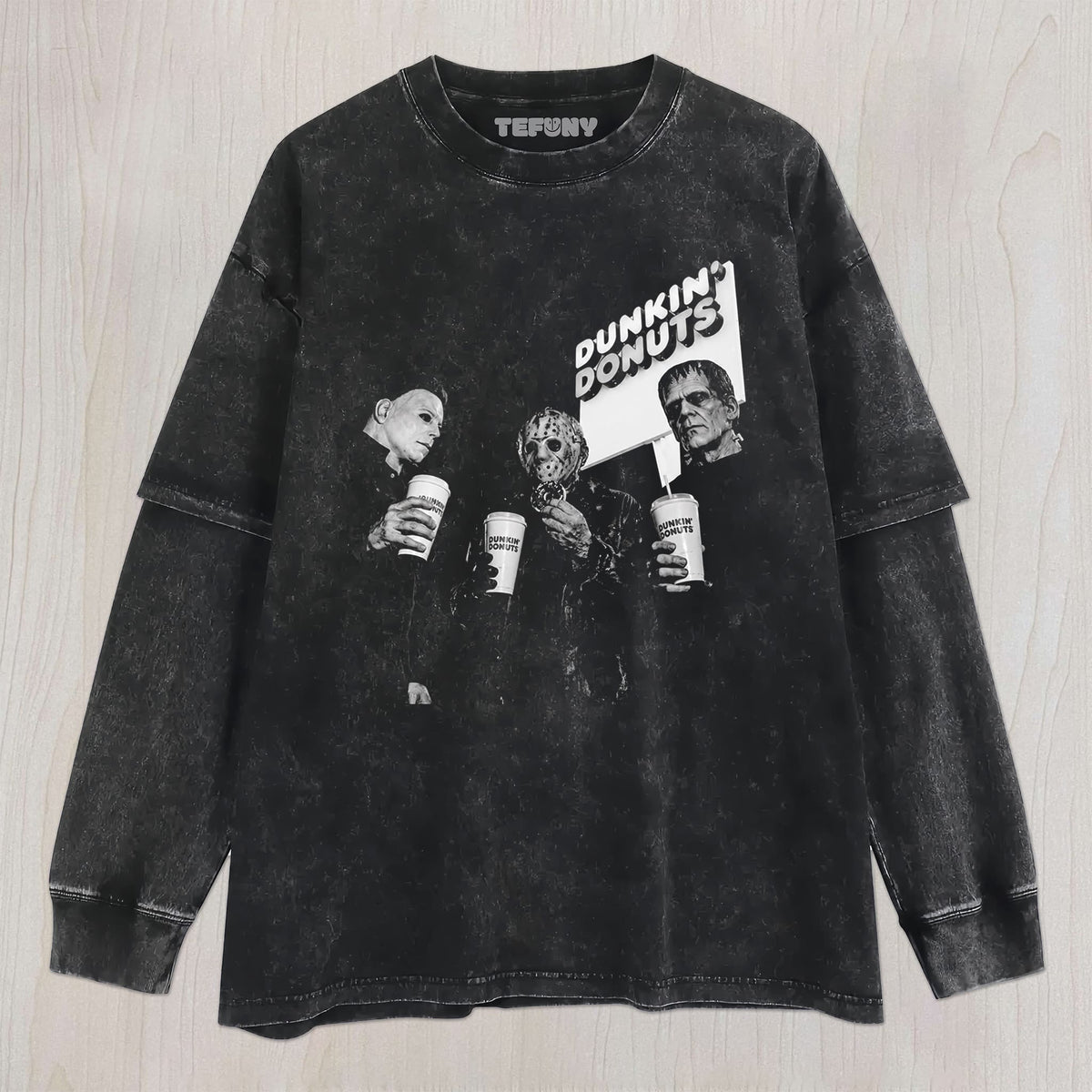 MYERS,JASON & FRANKENSTEIN DRINKING UNISEX TEE, TANK TOP, LAYERED LS, SWEATSHIRT & HOODIE