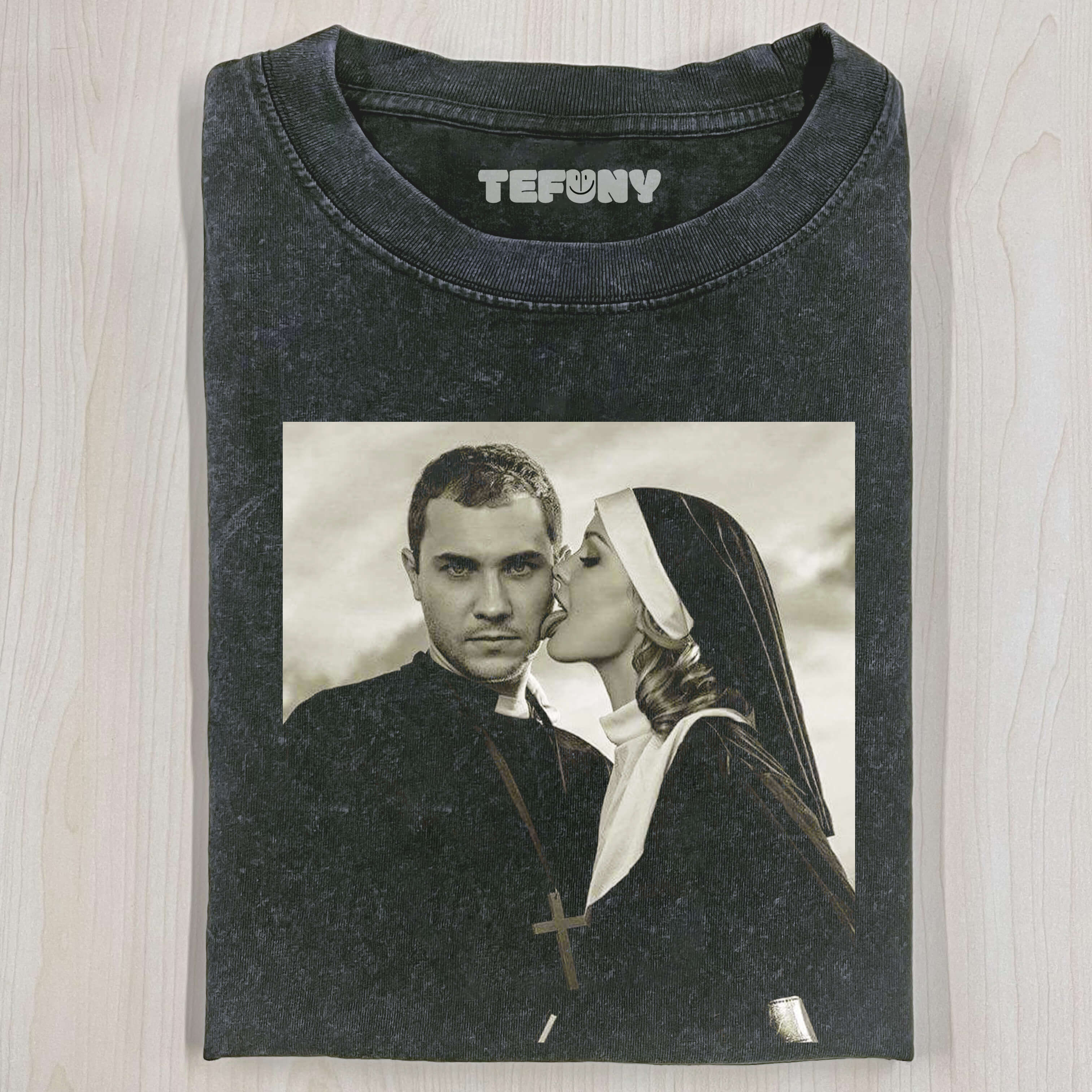 NUN KISSING MAN ON CHEEK T-SHIRT