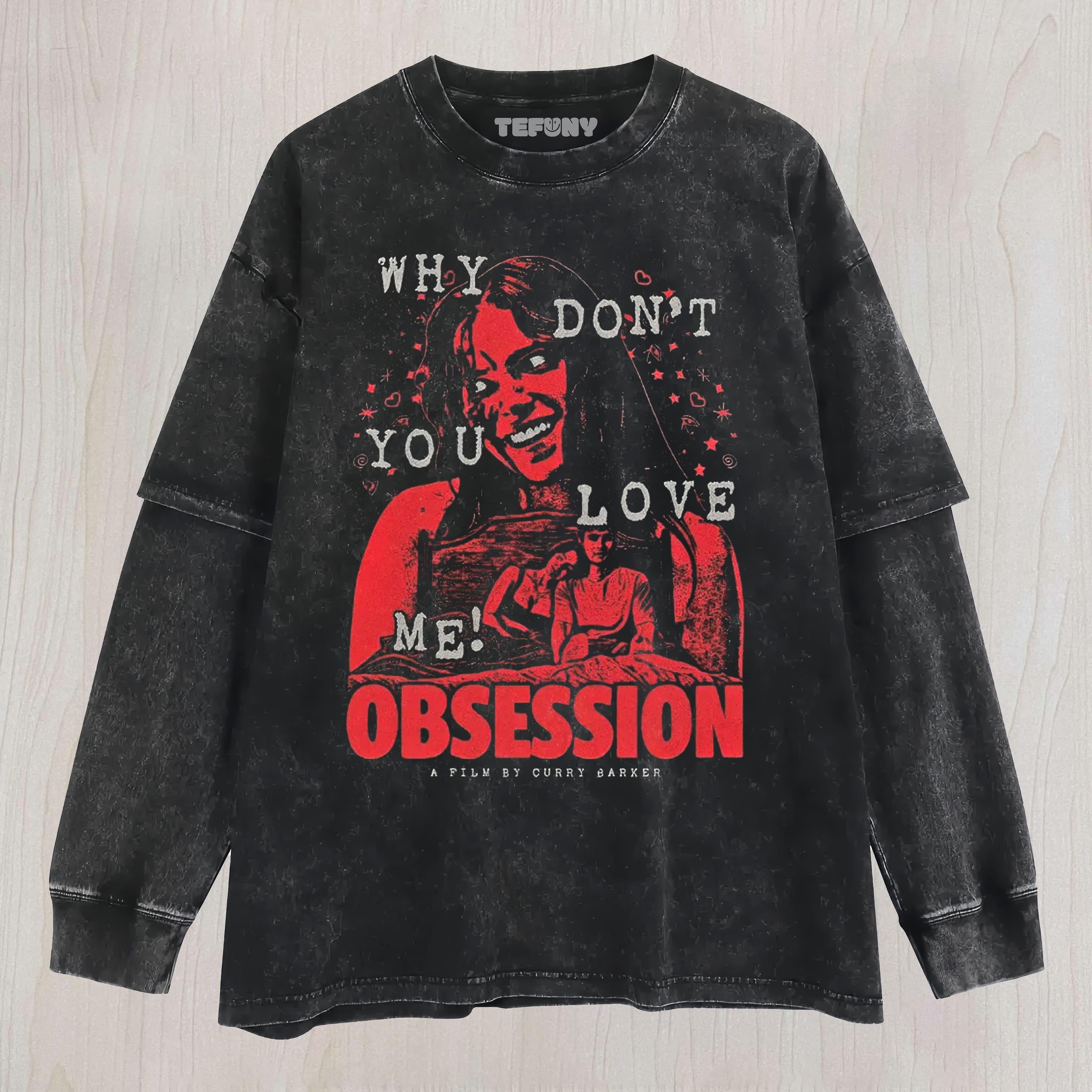 OBSESSION HORROR GIRL GRAPHIC VINTAGE WASHED UNISEX TEE, TANK TOP, LAYERED LS, SWEATSHIRT & HOODIE