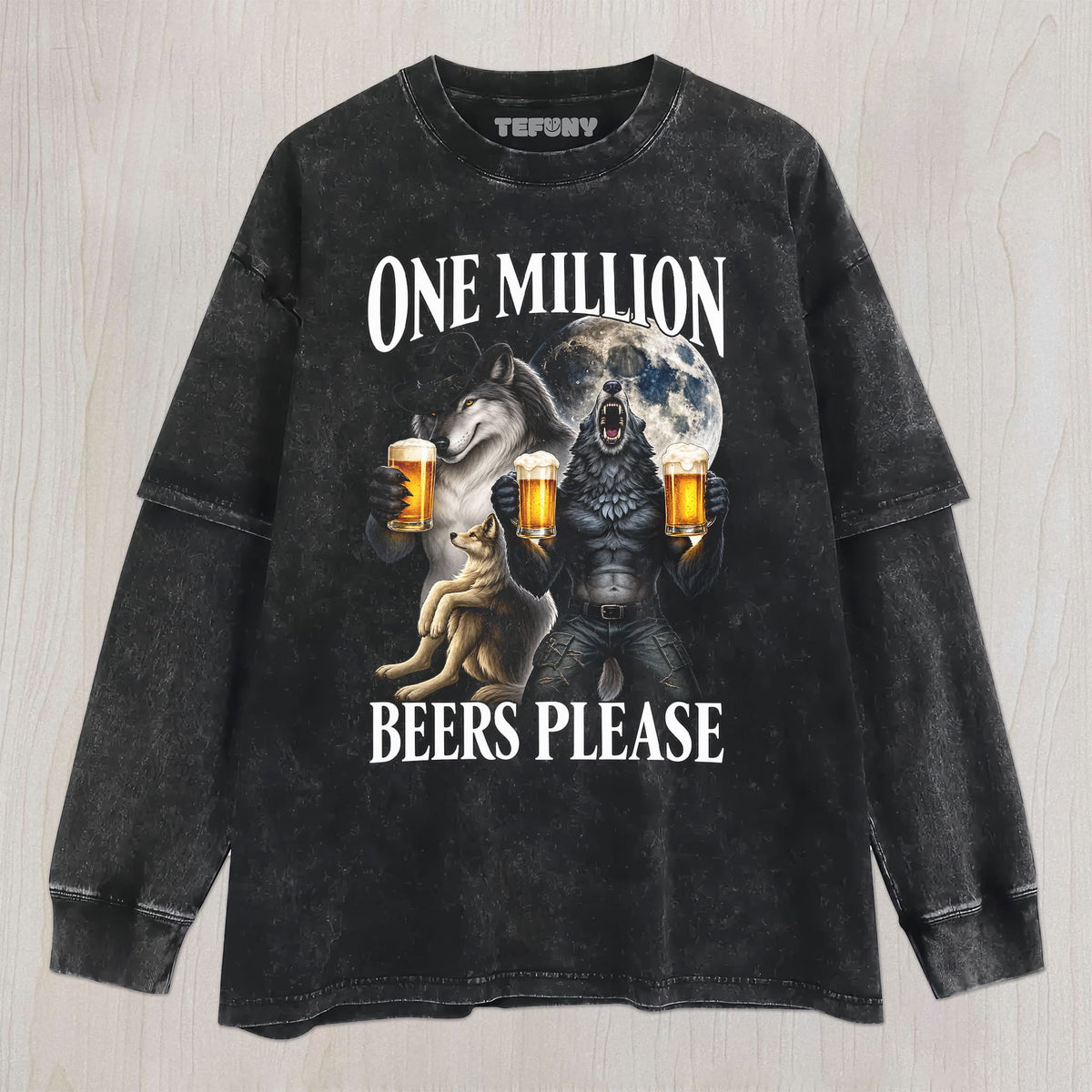 ONE MILLION BEERS WOLF MEME T-SHIRT UNISEX TEE, TANK TOP, LAYERED LS, SWEATSHIRT & HOODIE