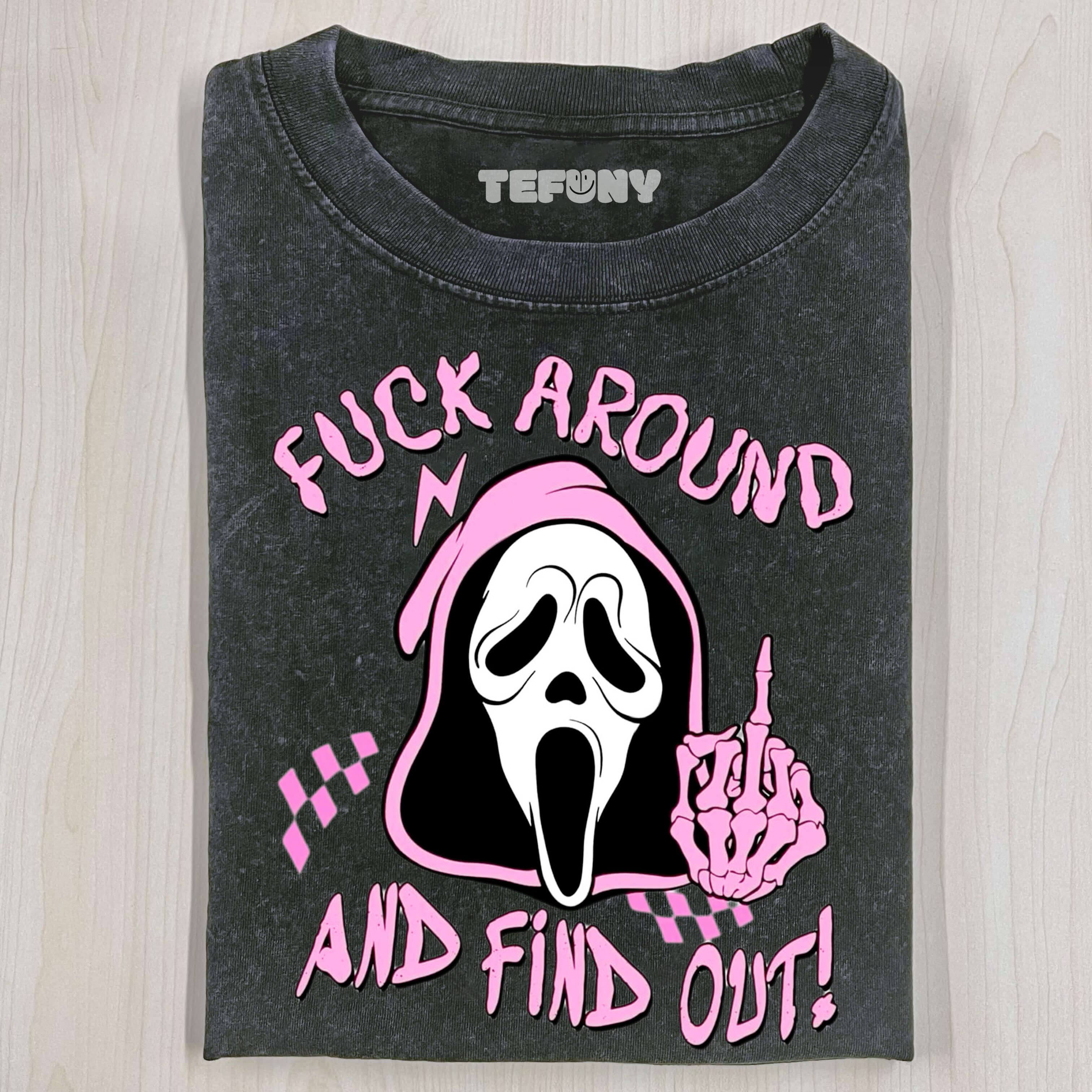 PINK GHOST FACE GIVING THE MIDDLE FINGER T-SHIRT