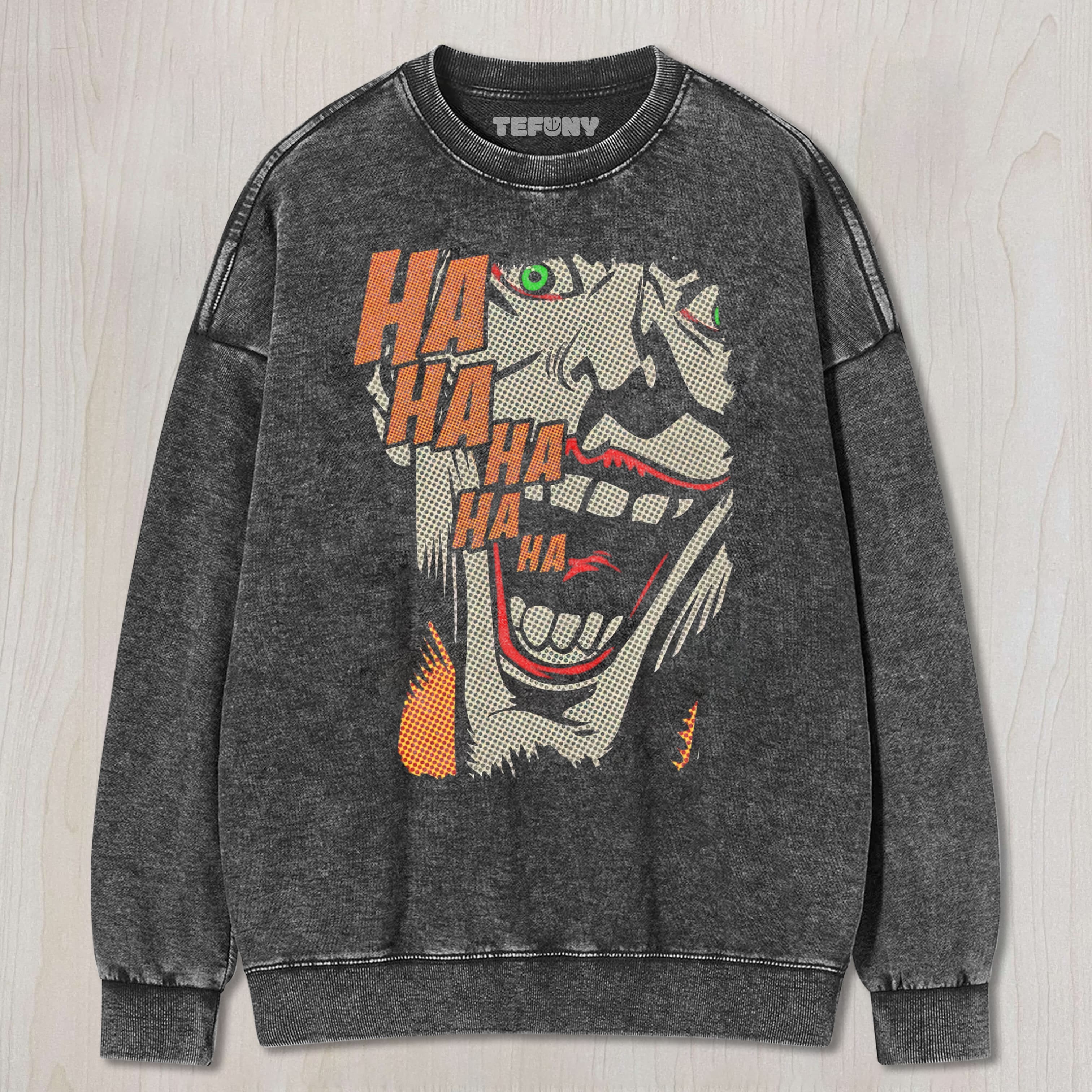 POP ART VILLAIN LAUGH PRINT WASHED UNISEX TEE, TANK TOP, LAYERED LS, SWEATSHIRT & HOODIE