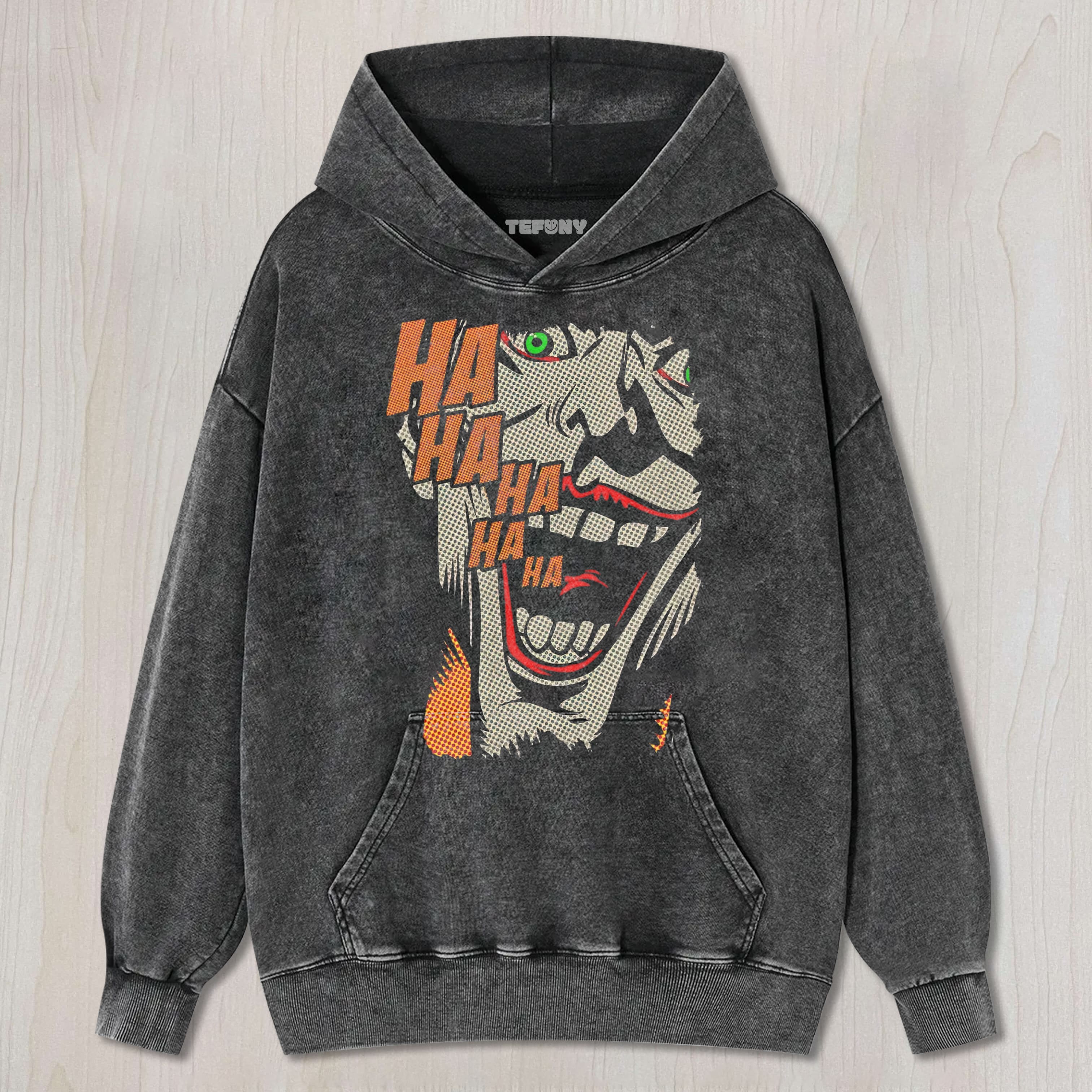 POP ART VILLAIN LAUGH PRINT WASHED UNISEX TEE, TANK TOP, LAYERED LS, SWEATSHIRT & HOODIE