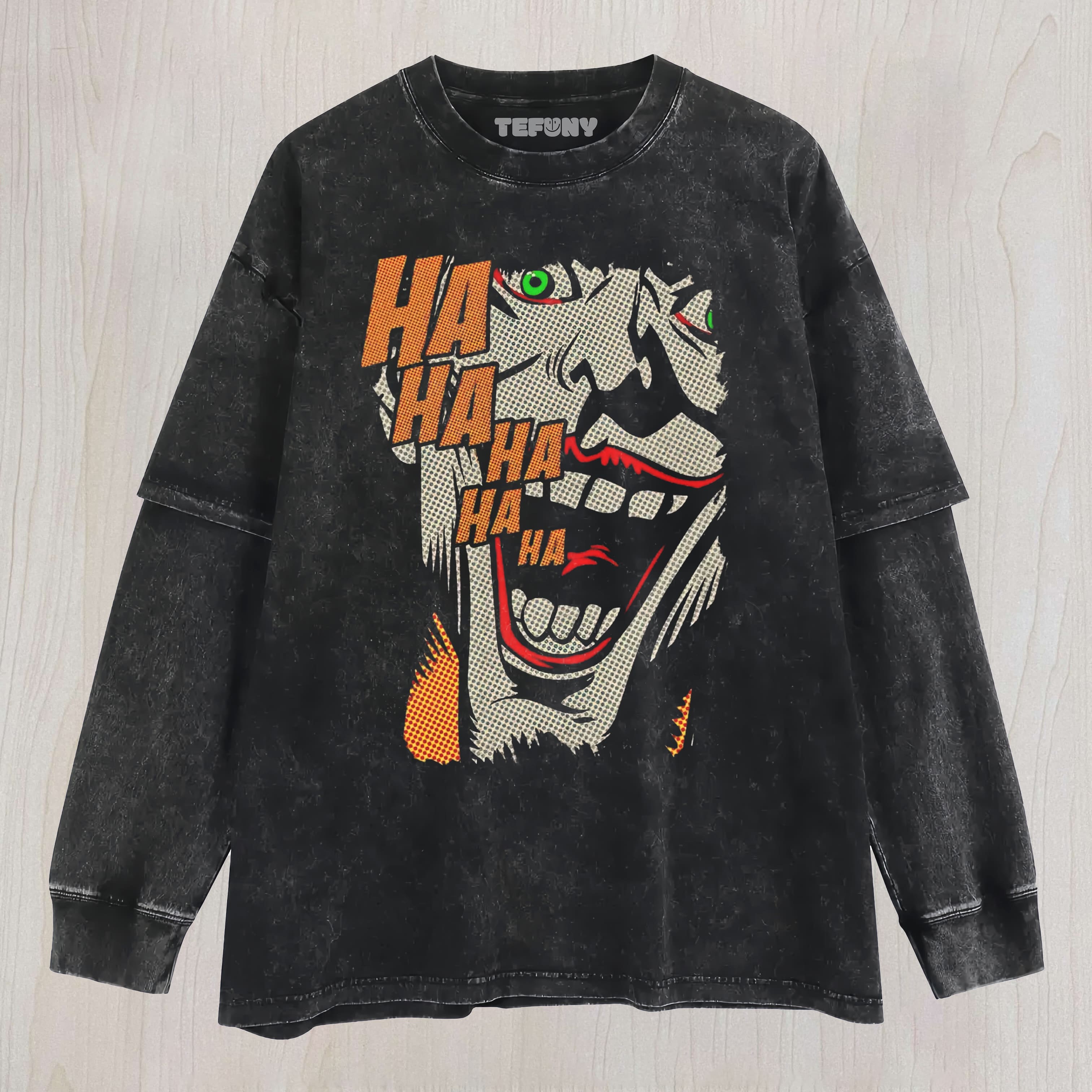 POP ART VILLAIN LAUGH PRINT WASHED UNISEX TEE, TANK TOP, LAYERED LS, SWEATSHIRT & HOODIE