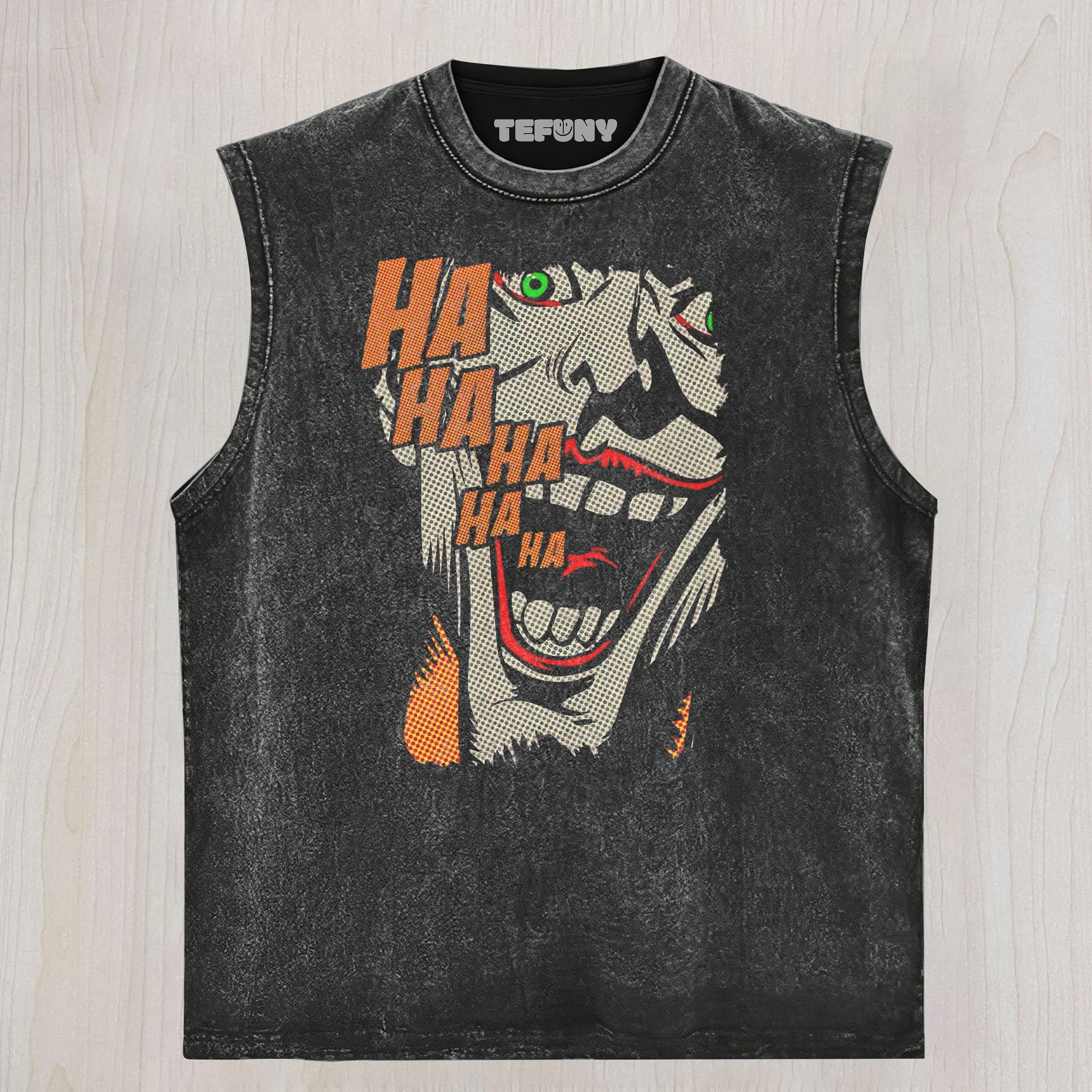 POP ART VILLAIN LAUGH PRINT WASHED UNISEX TEE, TANK TOP, LAYERED LS, SWEATSHIRT & HOODIE
