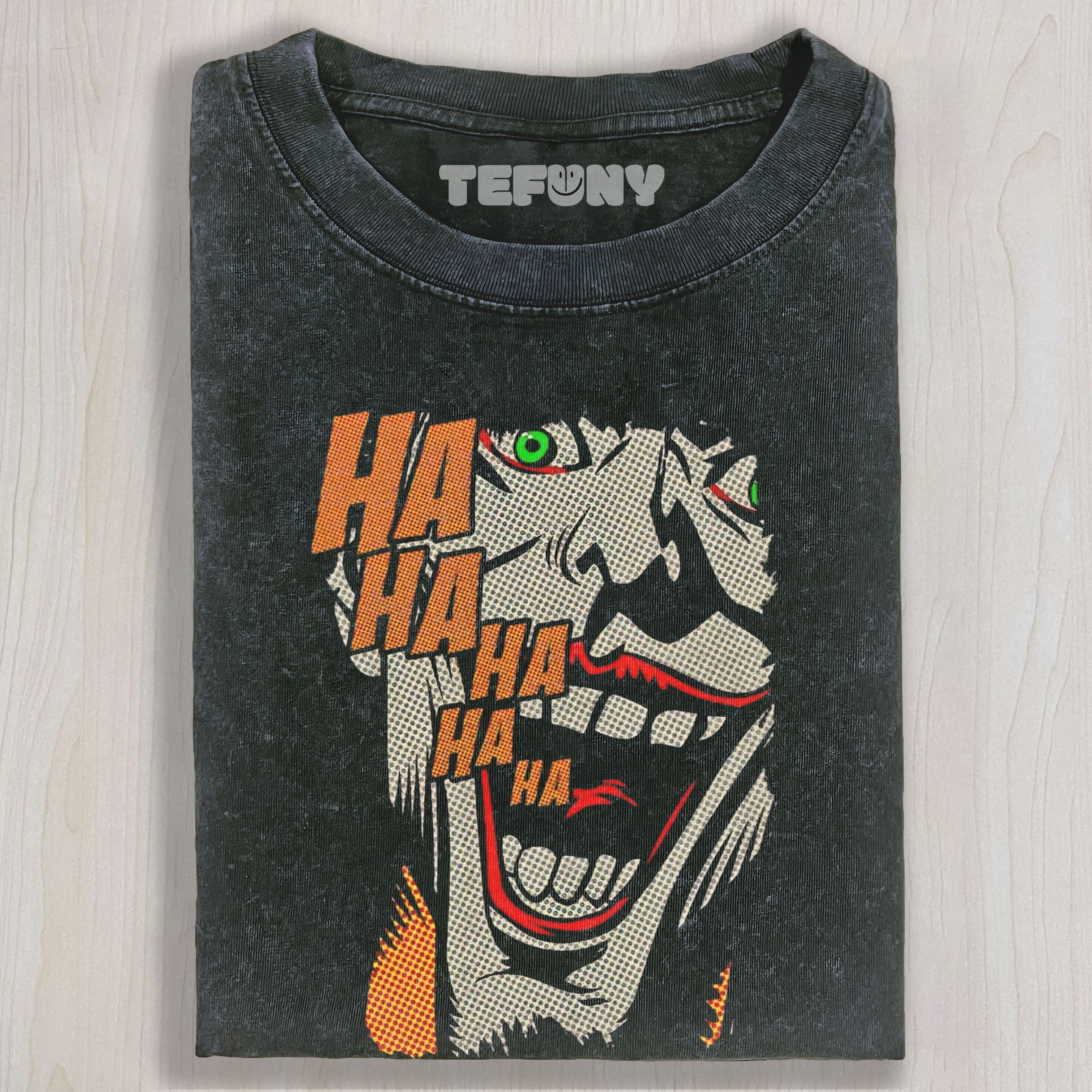 POP ART VILLAIN LAUGH PRINT WASHED UNISEX TEE, TANK TOP, LAYERED LS, SWEATSHIRT & HOODIE