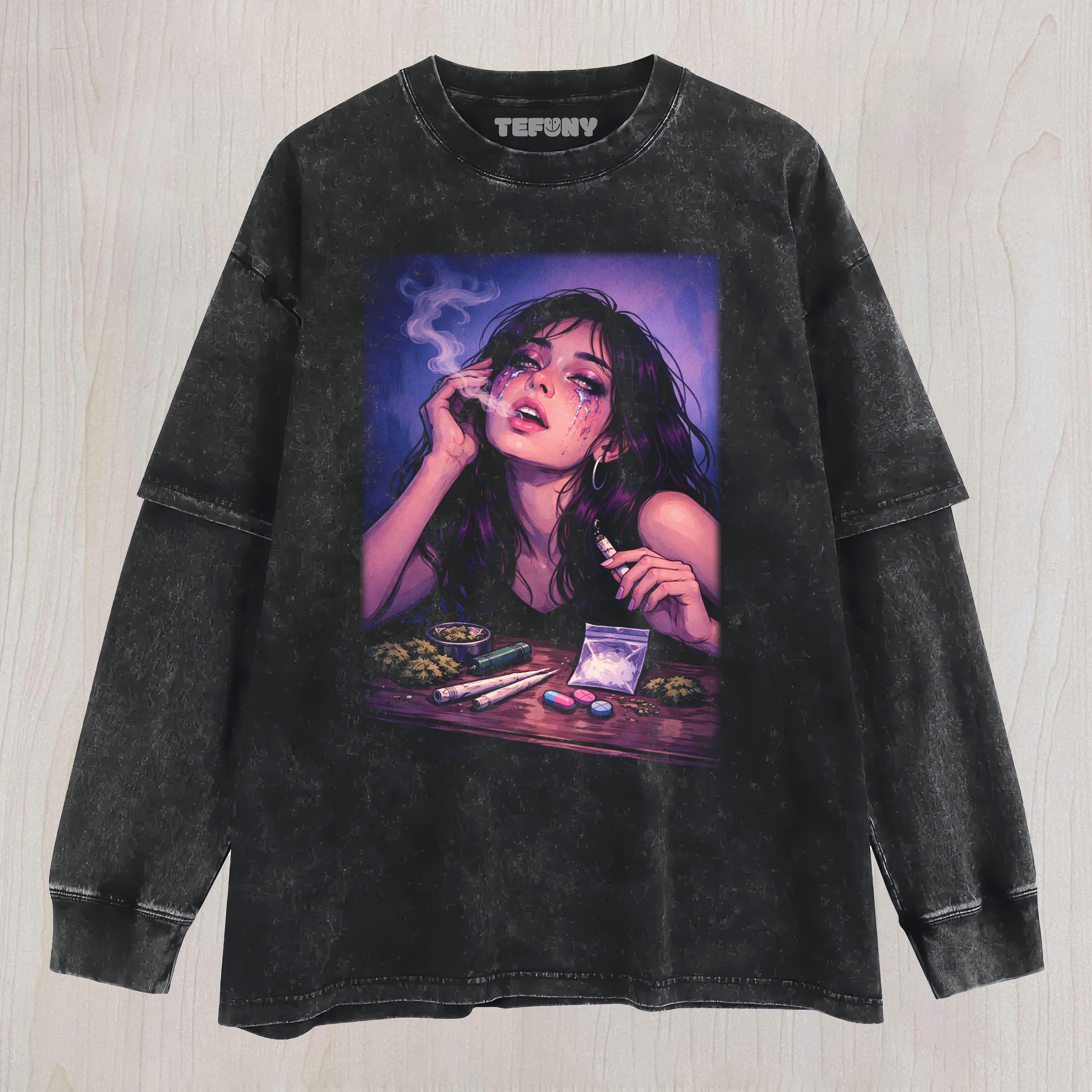 PURPLE-HAIRED WOMAN LAYERED LONG SLEEVE