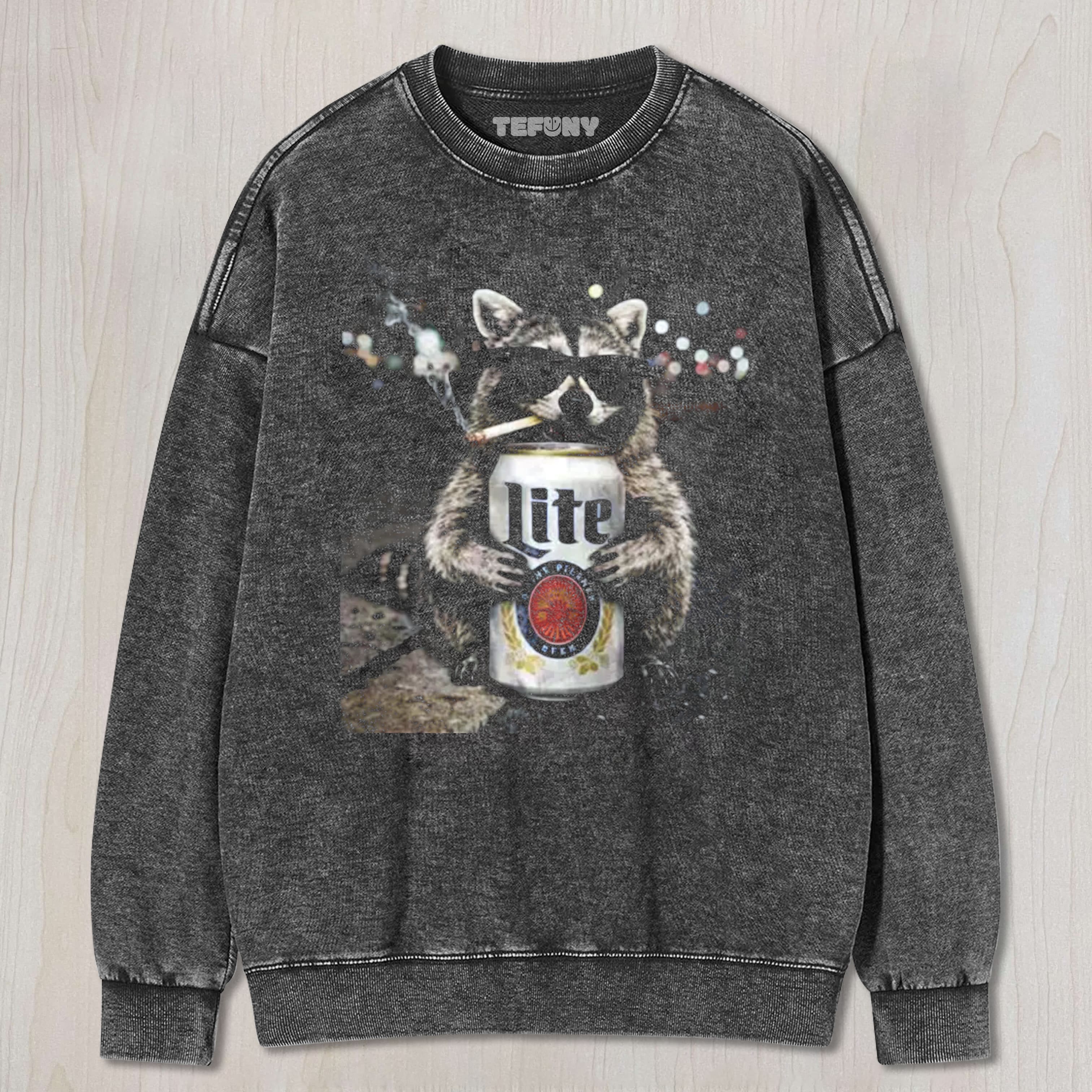 RACCOON DRINKING BEER UNISEX TEE, TANK TOP, LAYERED LS, SWEATSHIRT & HOODIE