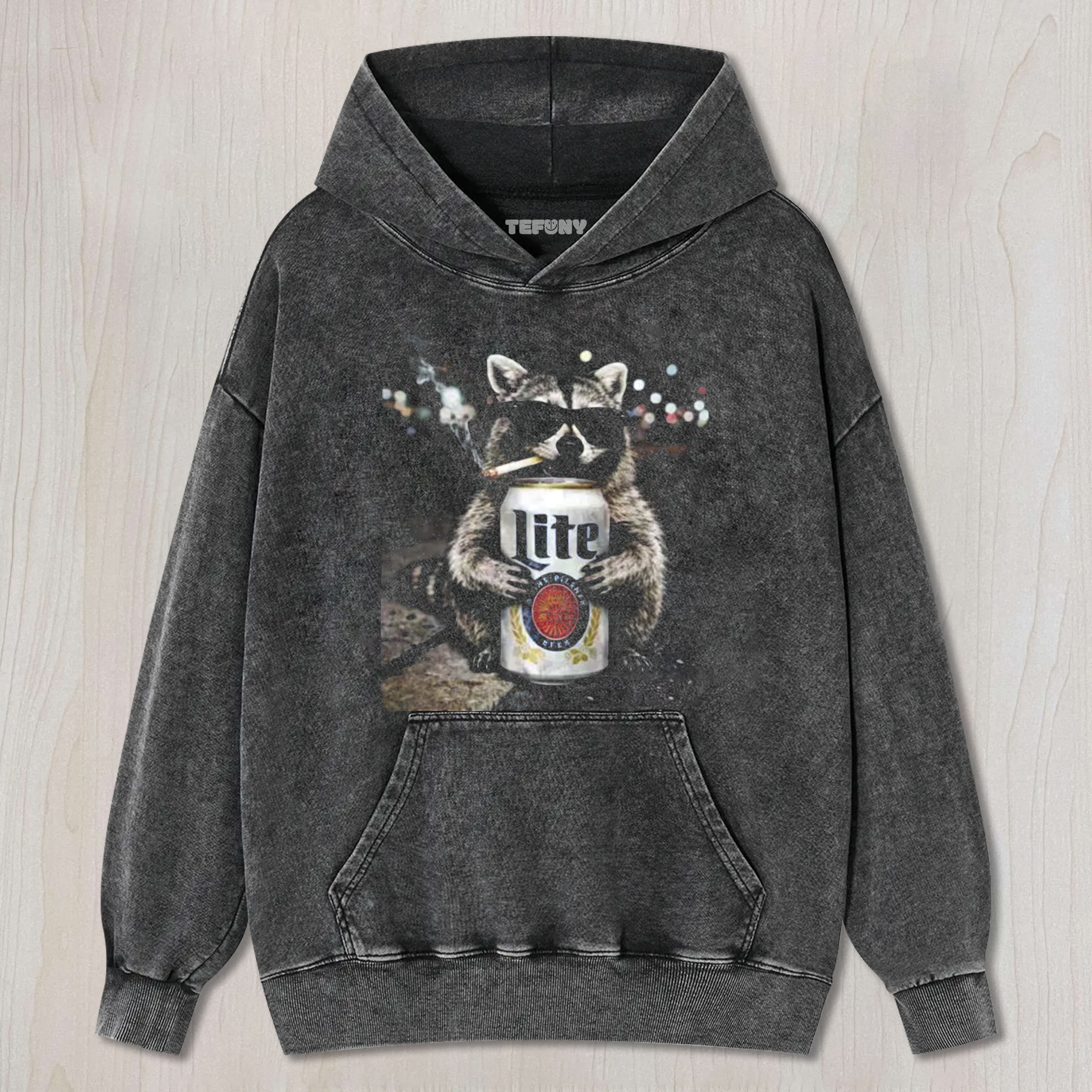 RACCOON DRINKING BEER UNISEX TEE, TANK TOP, LAYERED LS, SWEATSHIRT & HOODIE