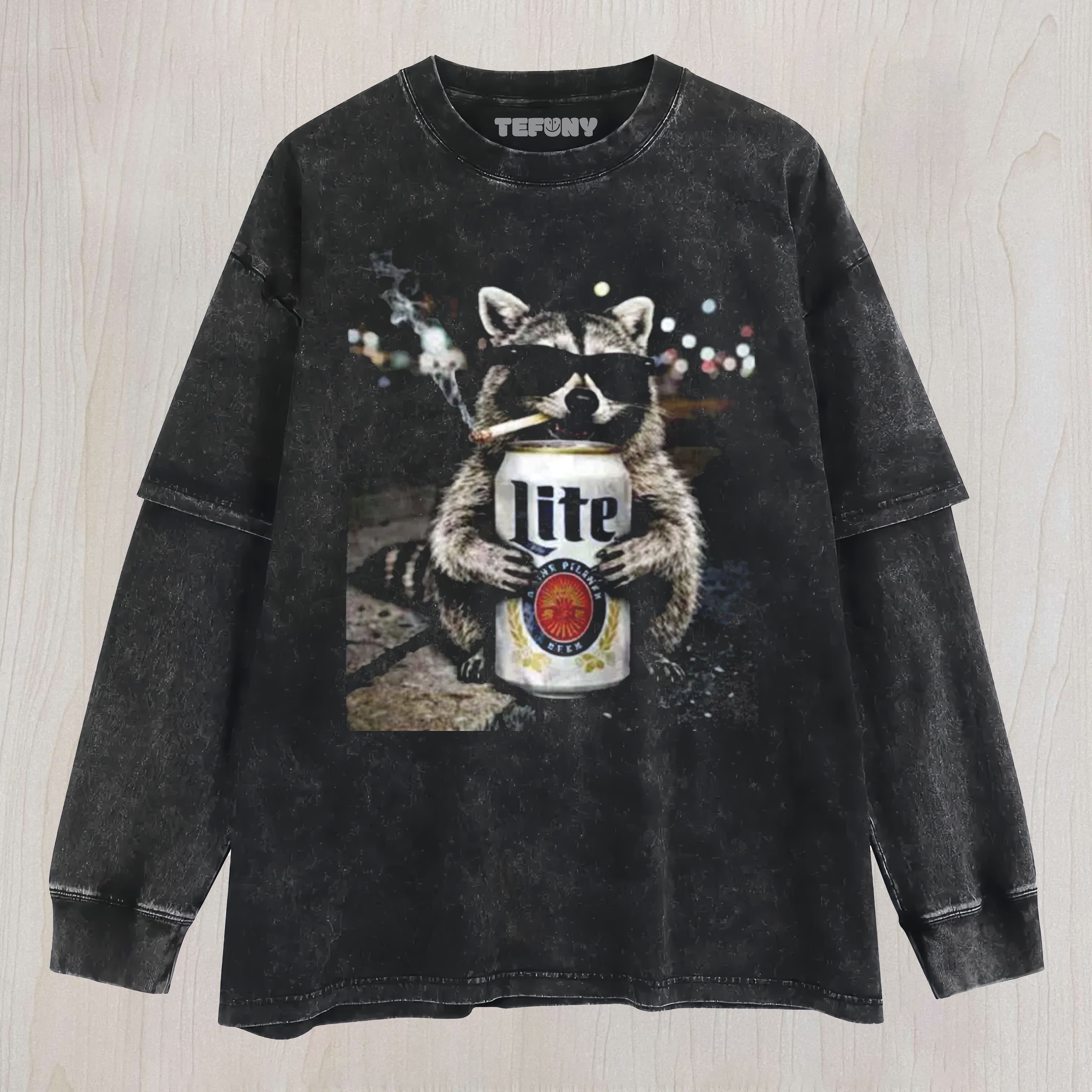 RACCOON DRINKING BEER UNISEX TEE, TANK TOP, LAYERED LS, SWEATSHIRT & HOODIE