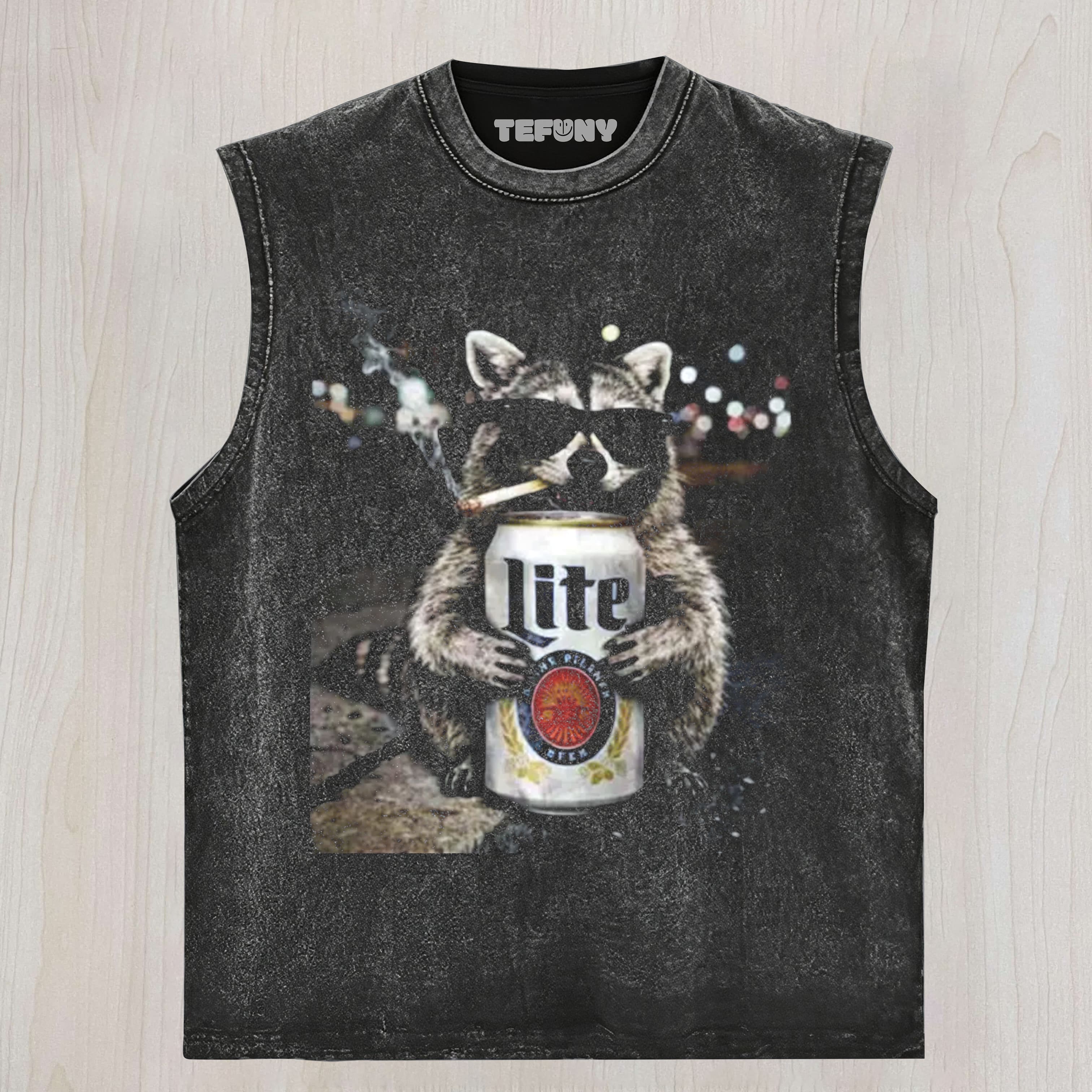 RACCOON DRINKING BEER UNISEX TEE, TANK TOP, LAYERED LS, SWEATSHIRT & HOODIE