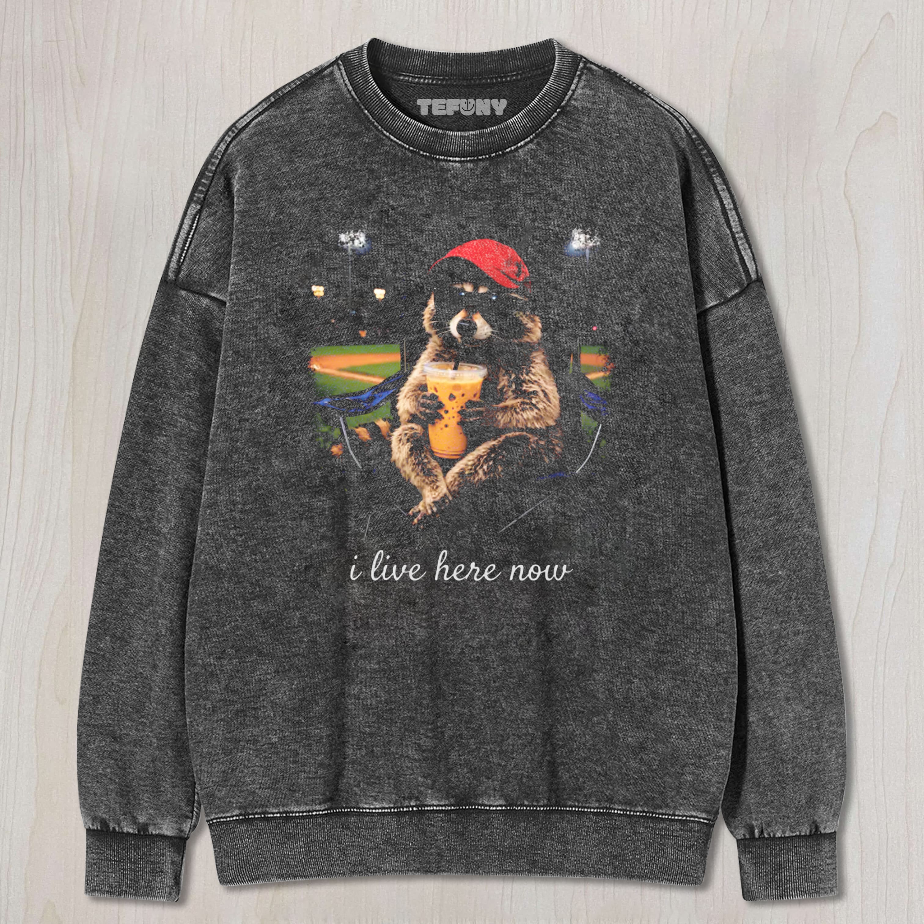 RACCOON I LIVE HERE NOW UNISEX TEE, TANK TOP, LAYERED LS, SWEATSHIRT & HOODIE