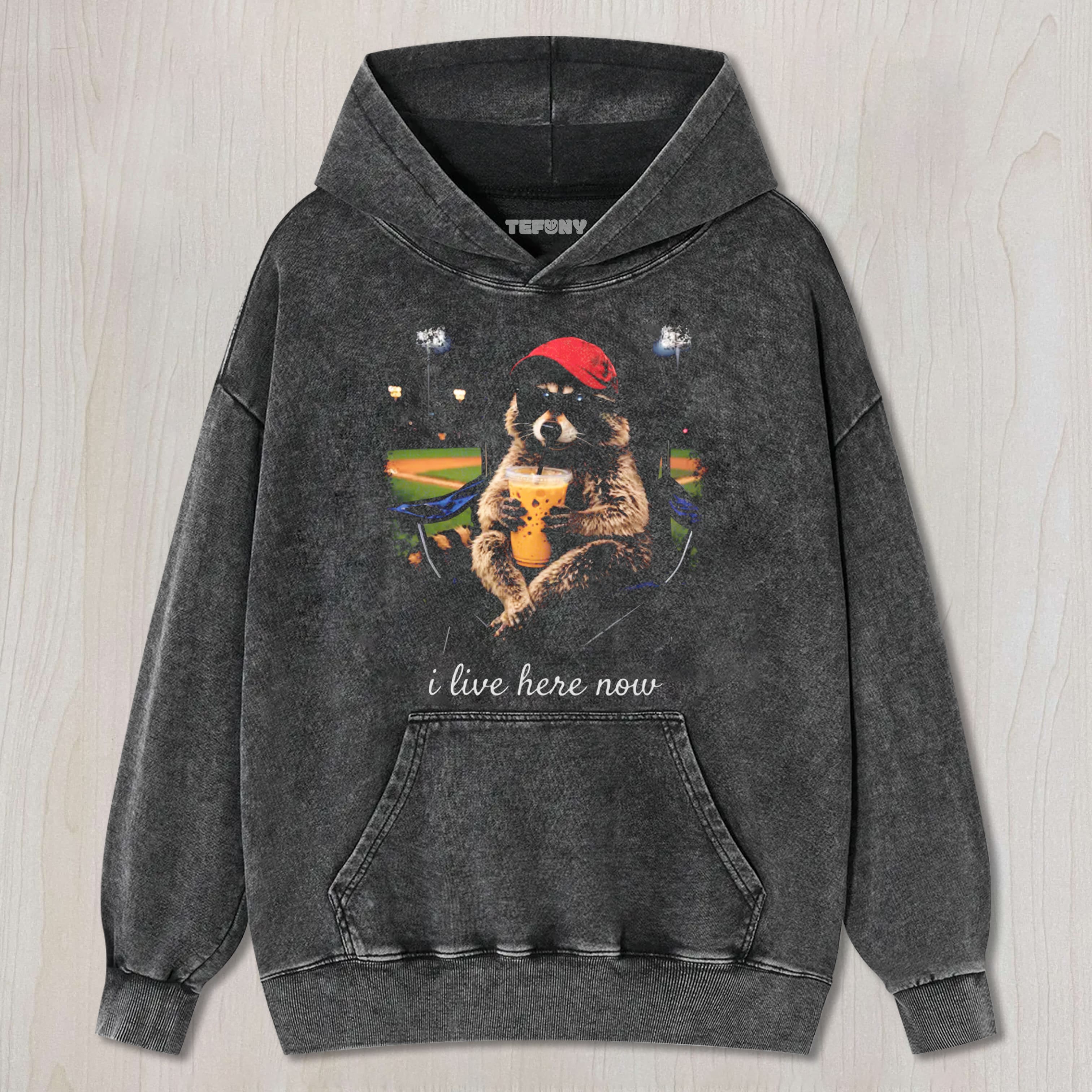 RACCOON I LIVE HERE NOW UNISEX TEE, TANK TOP, LAYERED LS, SWEATSHIRT & HOODIE