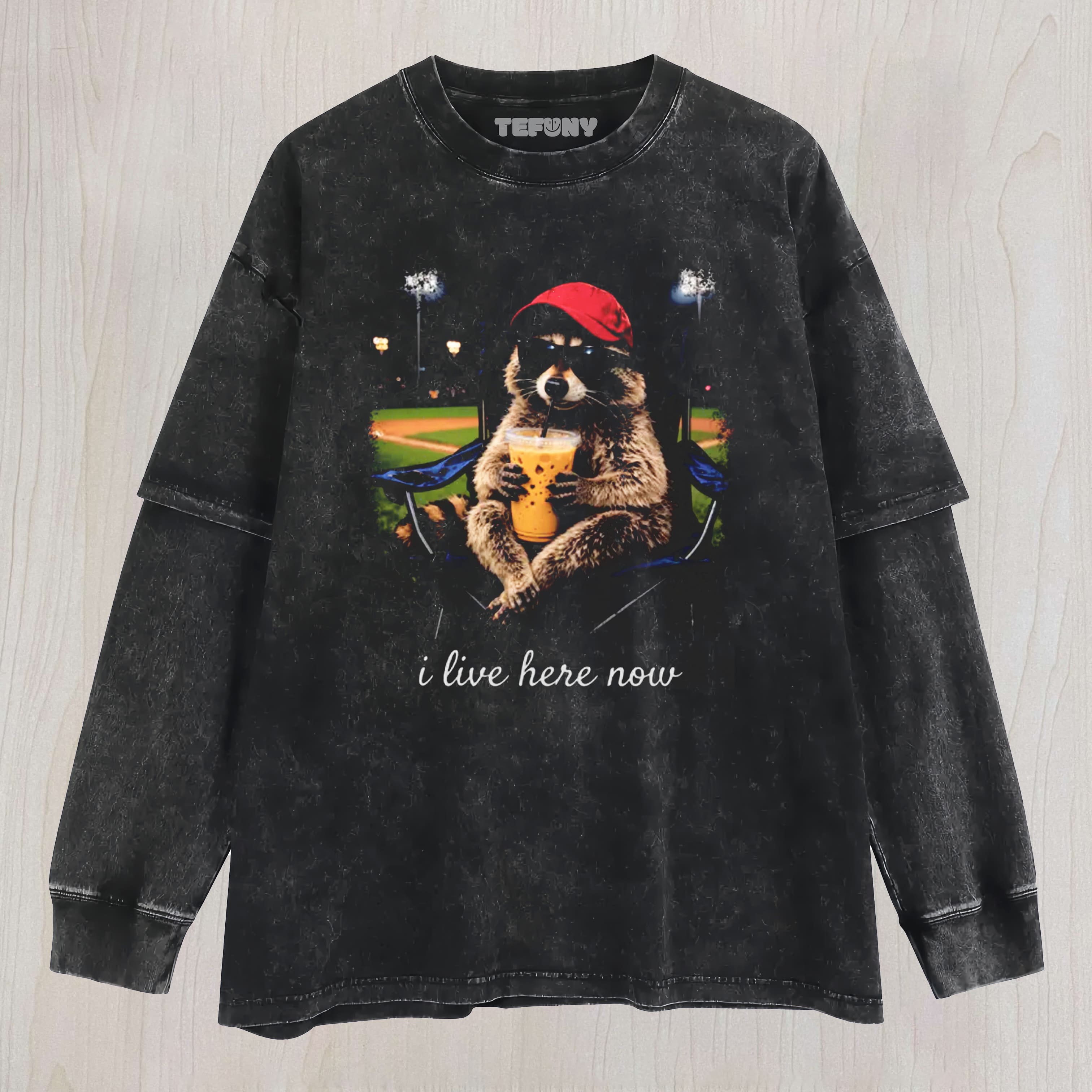 RACCOON I LIVE HERE NOW UNISEX TEE, TANK TOP, LAYERED LS, SWEATSHIRT & HOODIE