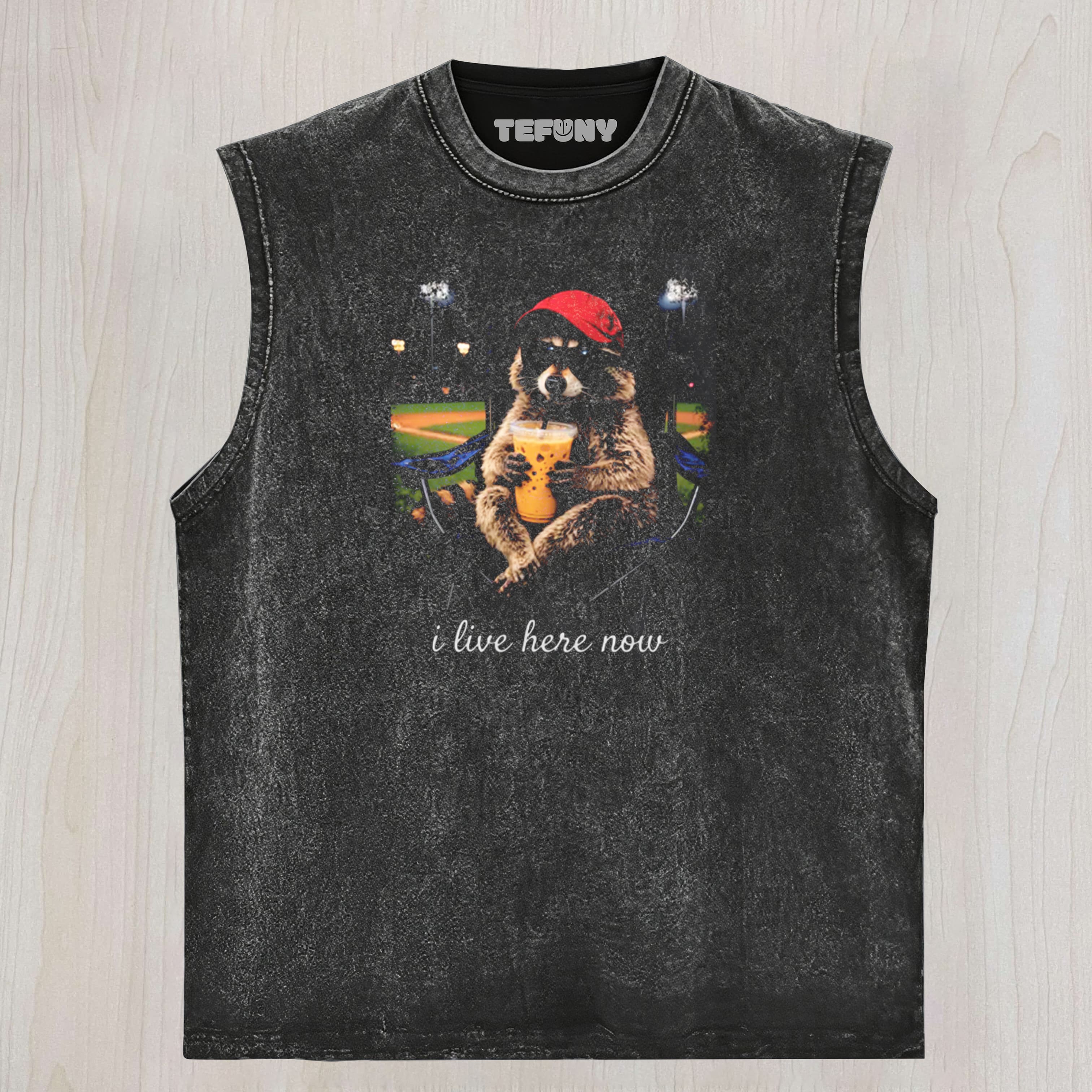 RACCOON I LIVE HERE NOW UNISEX TEE, TANK TOP, LAYERED LS, SWEATSHIRT & HOODIE