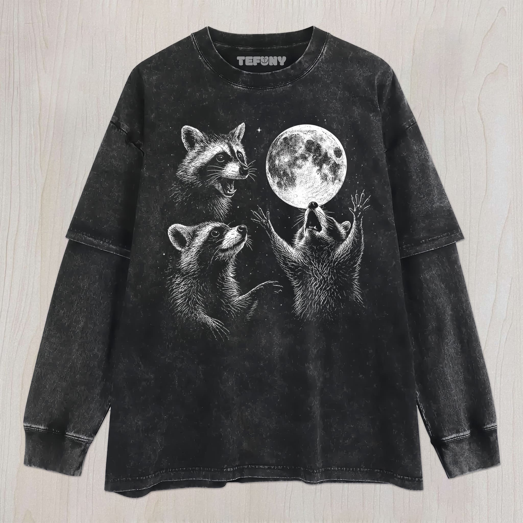 RACCOONS HOWLING TO MOON UNISEX TEE, TANK TOP, LAYERED LS, SWEATSHIRT & HOODIE