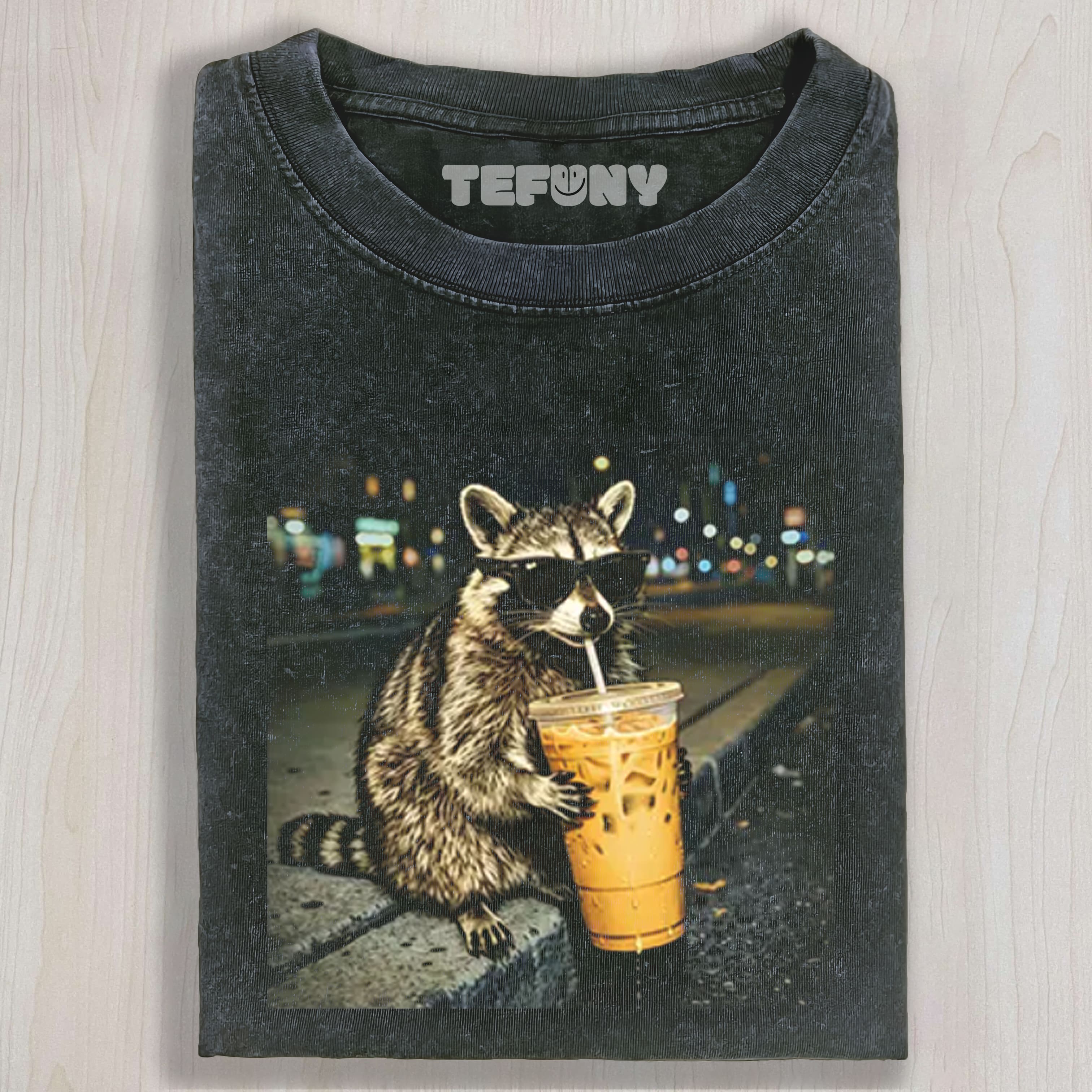 RACOON WITH A ICE COFFEE UNISEX TEE, TANK TOP, LAYERED LS, SWEATSHIRT & HOODIE