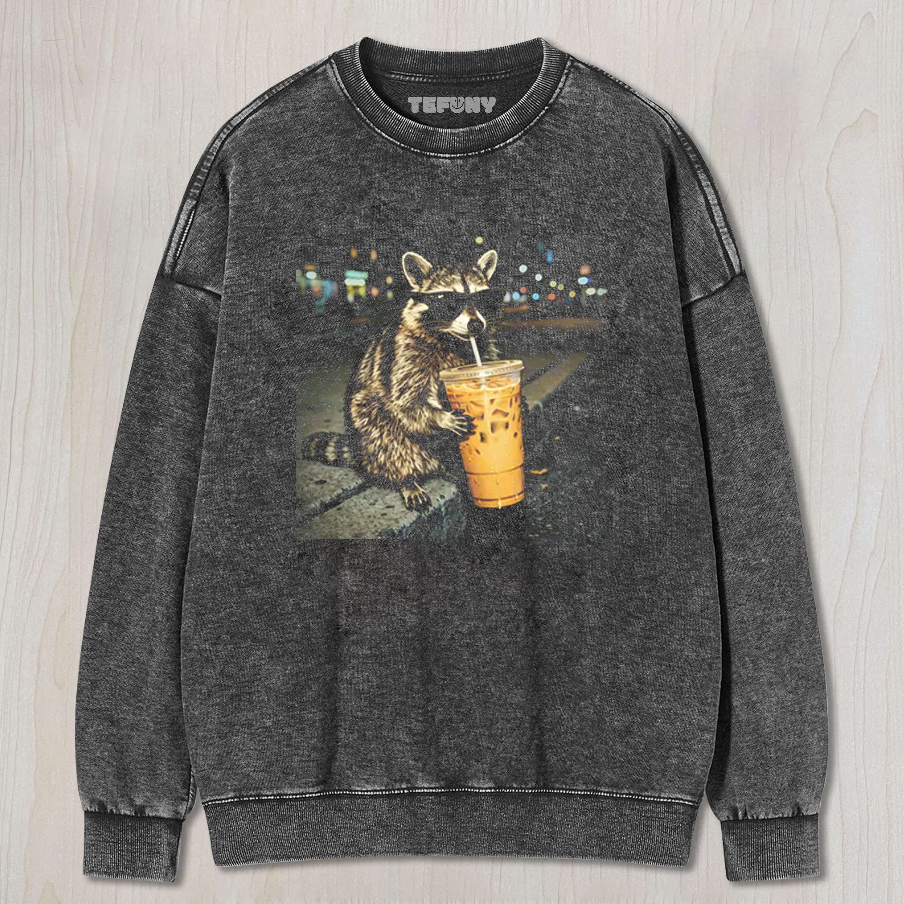 RACOON WITH A ICE COFFEE UNISEX TEE, TANK TOP, LAYERED LS, SWEATSHIRT & HOODIE