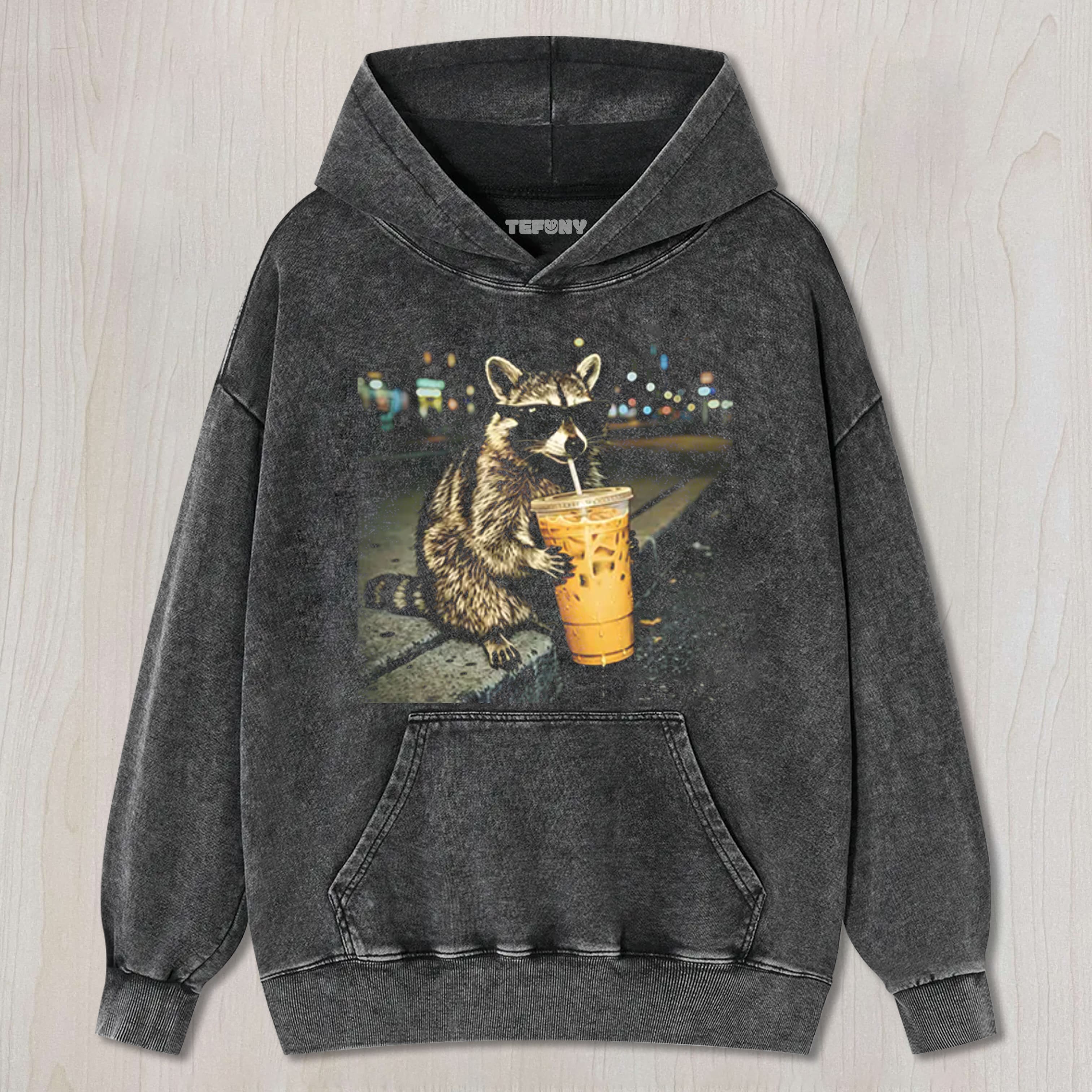 RACOON WITH A ICE COFFEE UNISEX TEE, TANK TOP, LAYERED LS, SWEATSHIRT & HOODIE