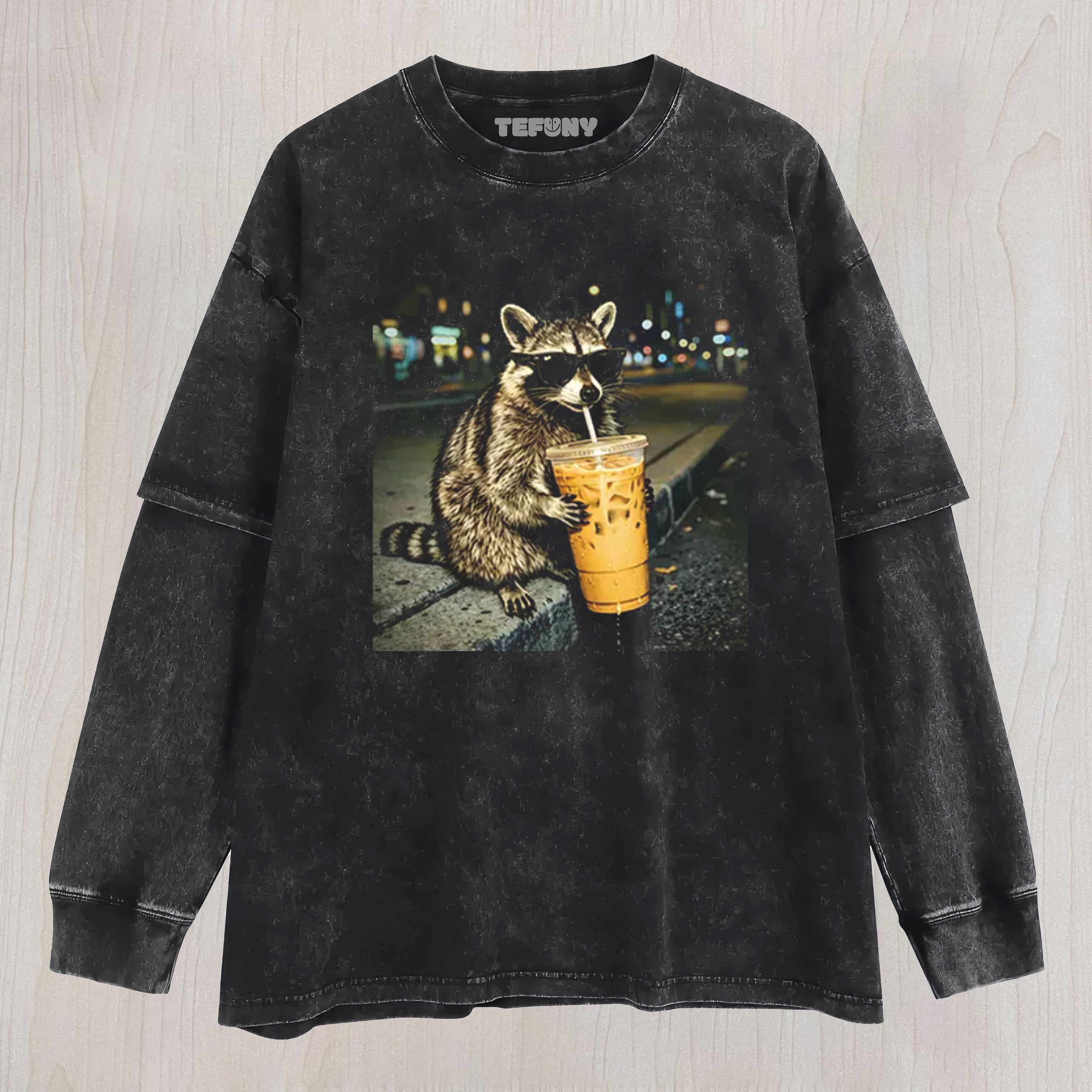 RACOON WITH A ICE COFFEE UNISEX TEE, TANK TOP, LAYERED LS, SWEATSHIRT & HOODIE